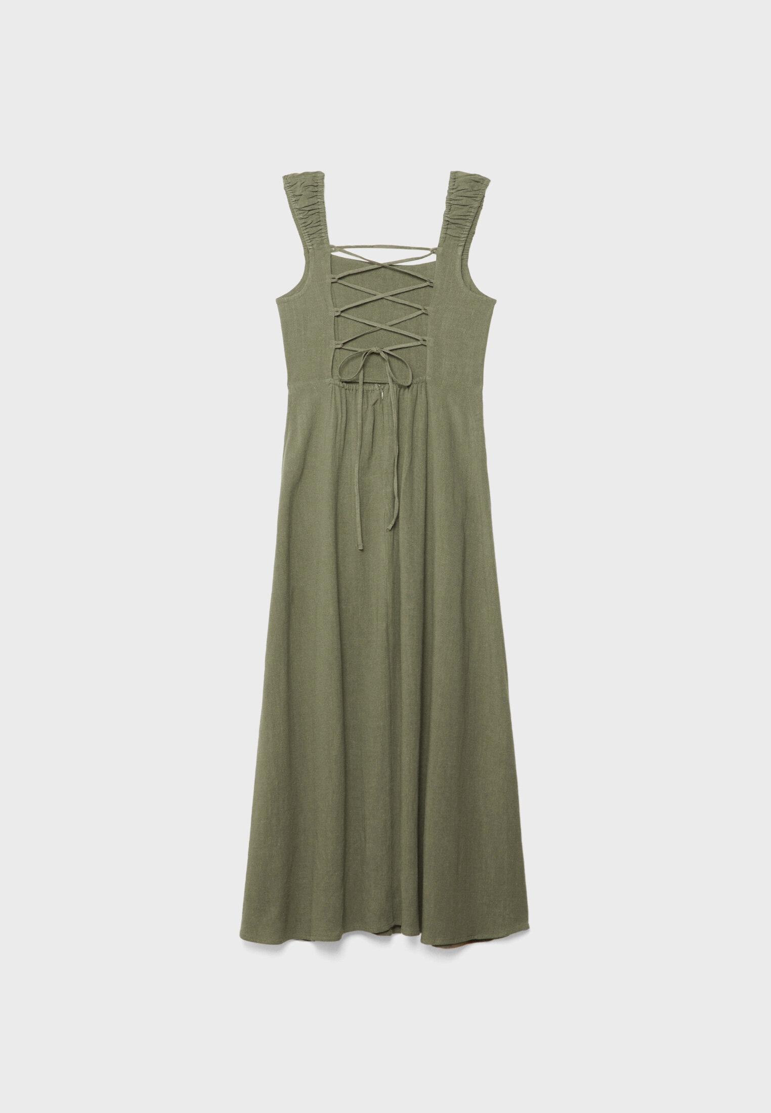 Linen-look cross-back midi dress — Khaki