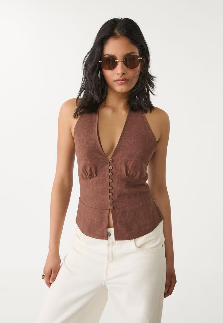 top halter botones con lino