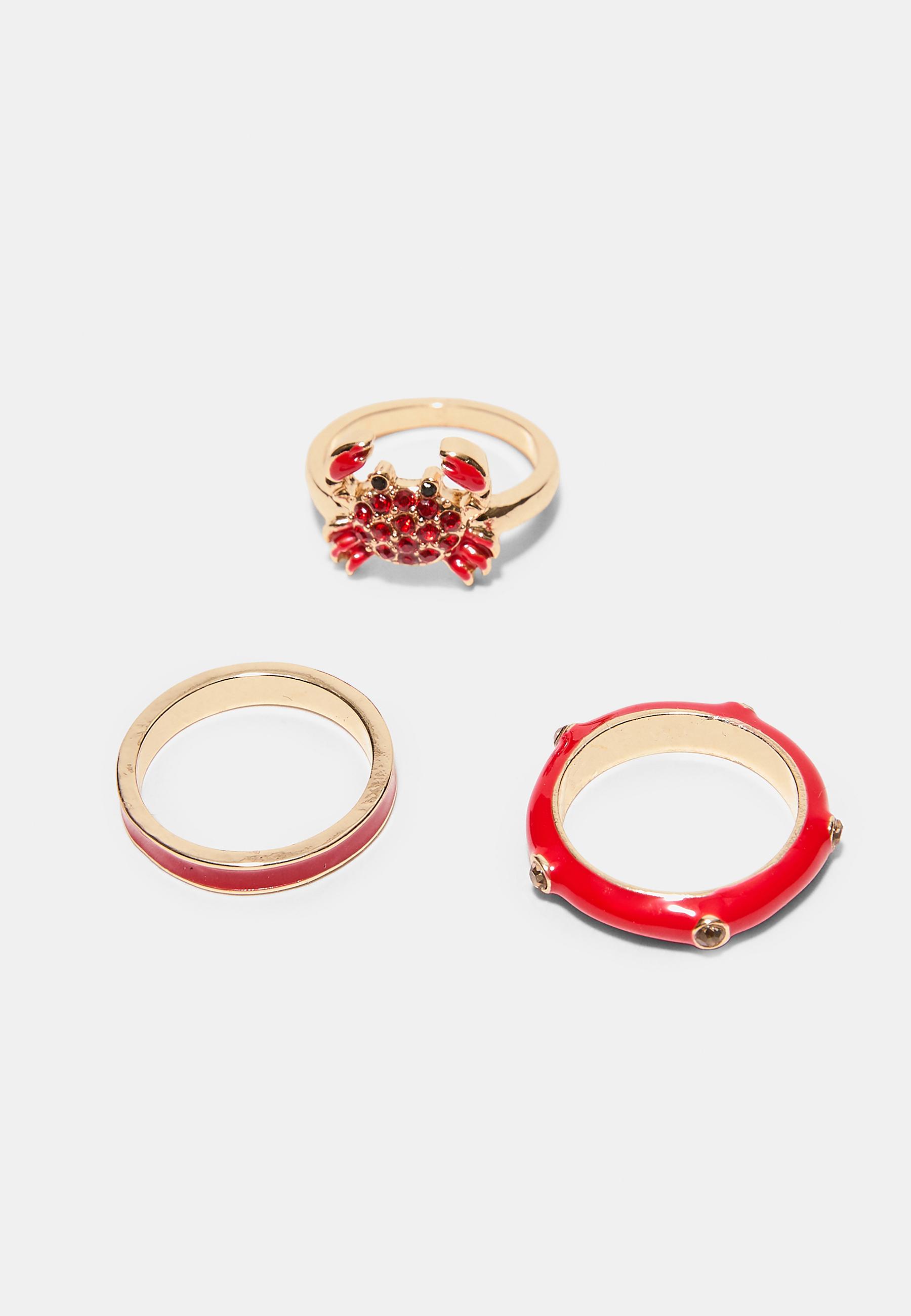 Set of 7 shimmery crab rings — Red