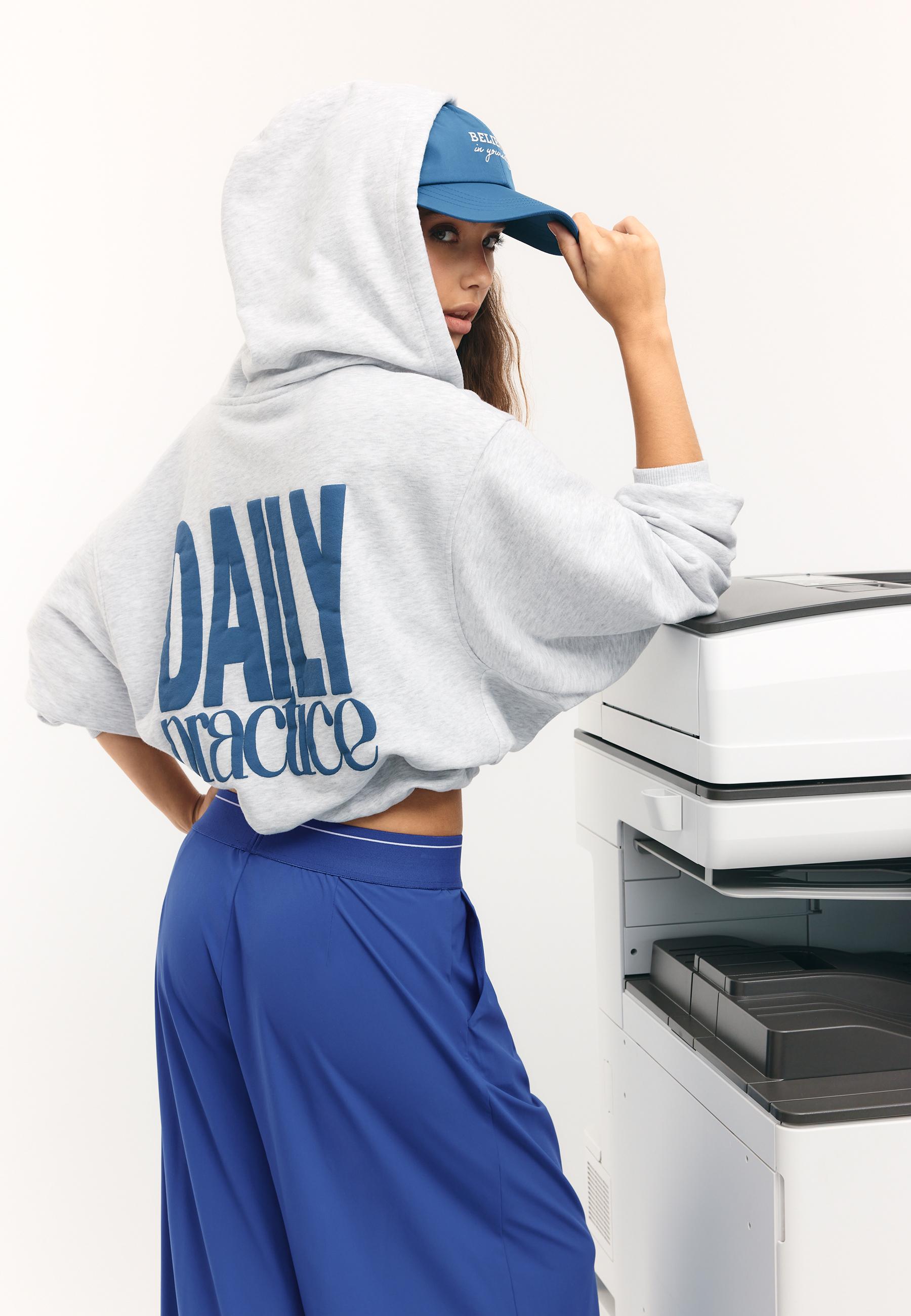 Printed Hooded Bomber Sweatshirt — Grey melange