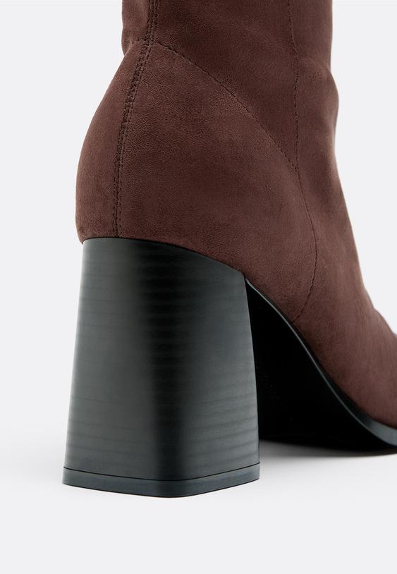 Stradivarius Faux Suede Block Heel Ankle Boots Brown 7