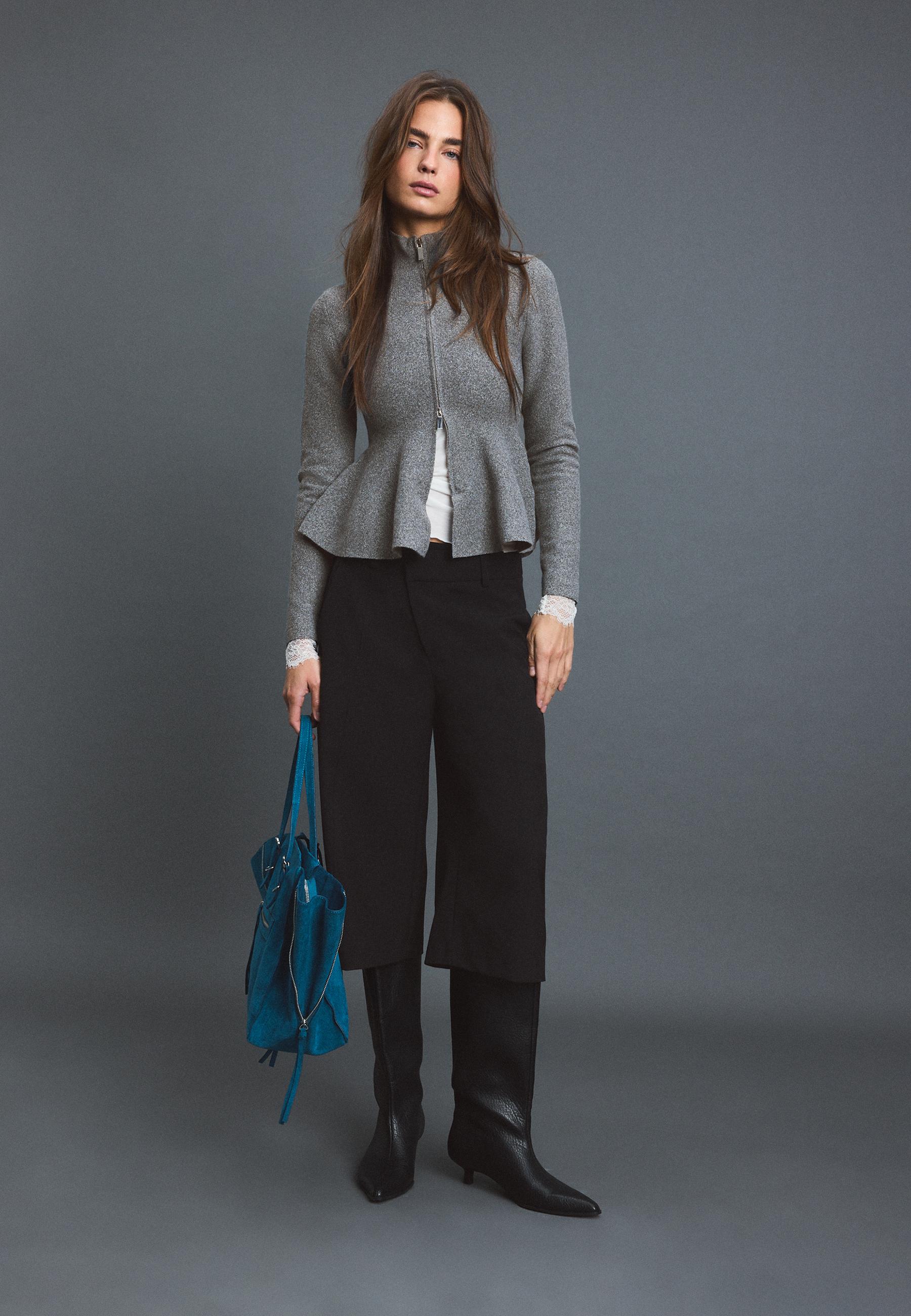Stradivarius Πλεκτό Πουλόβερ Peplum Ανθρακί M
