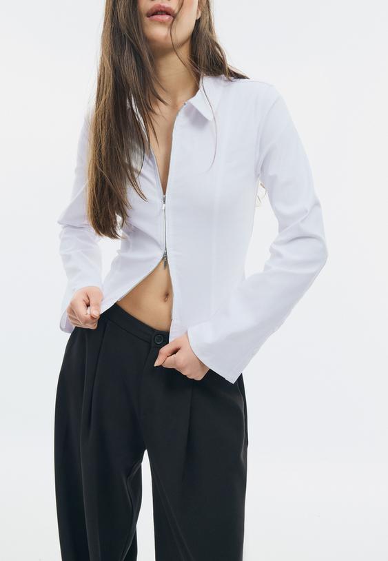 Stradivarius Fitted Double Zip Bengaline Shirt White M