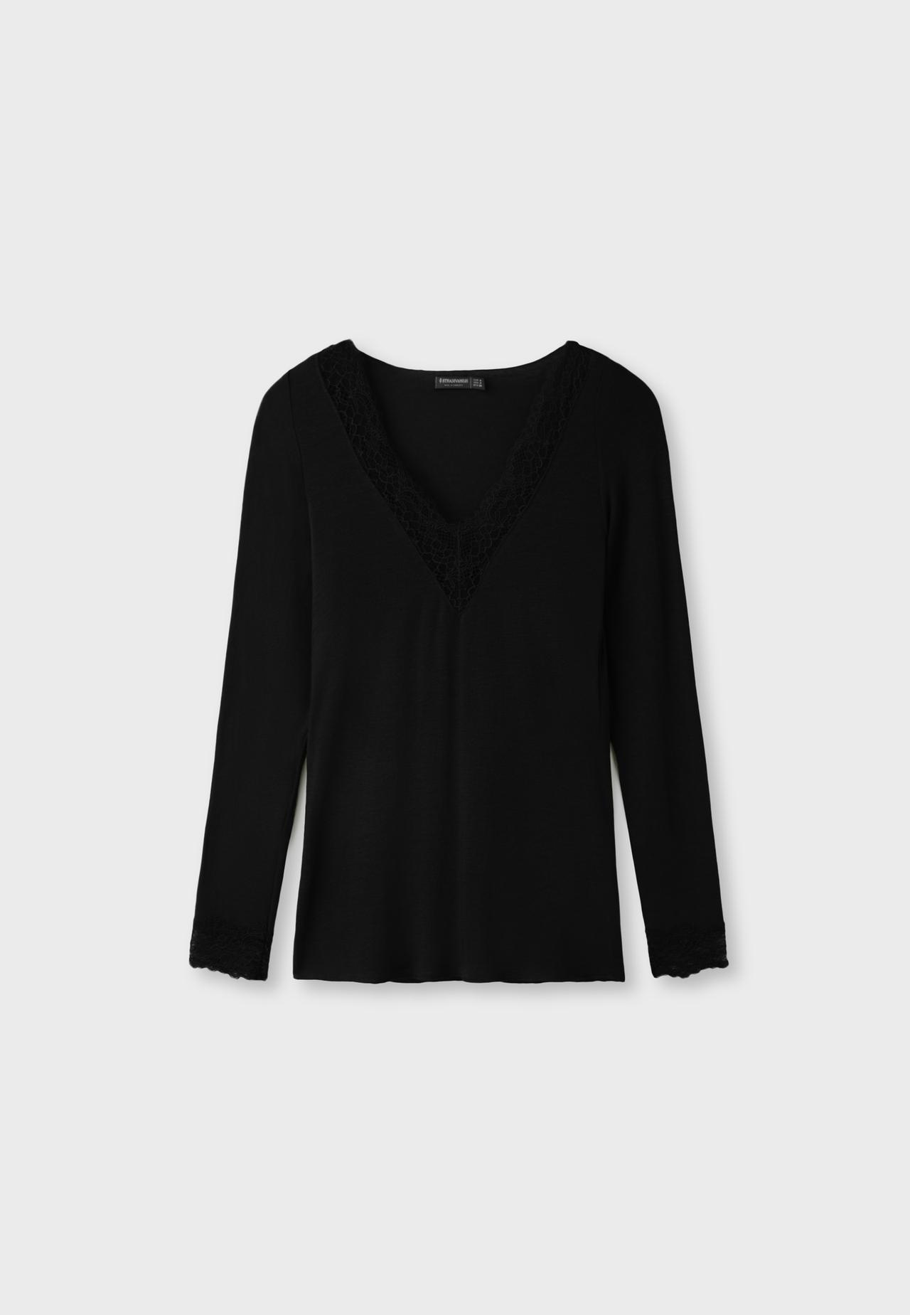 Cashmere V-neck long sleeve T-shirt — Black