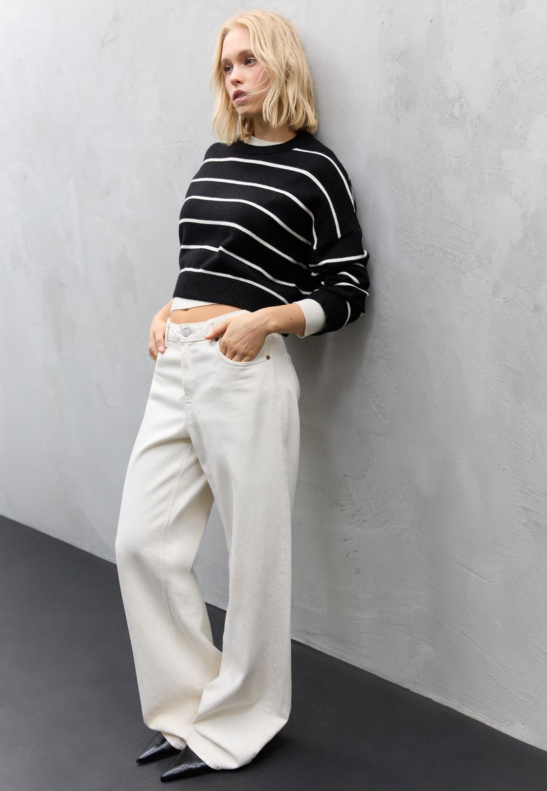 Cropped Sweater With Wide Leg Pants Striped Cropped Knit Sweater
