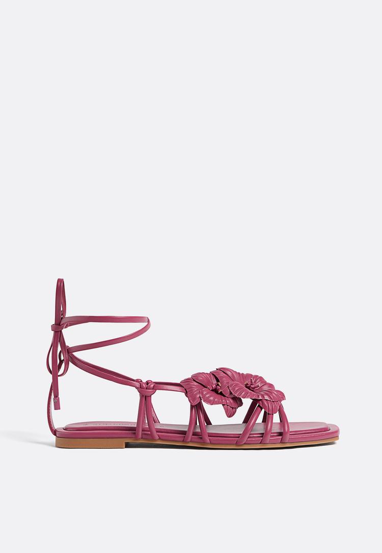 Stradivarius Φλατ Σανδάλια Με Λουλούδια Σκούρο Κόκκινο 35