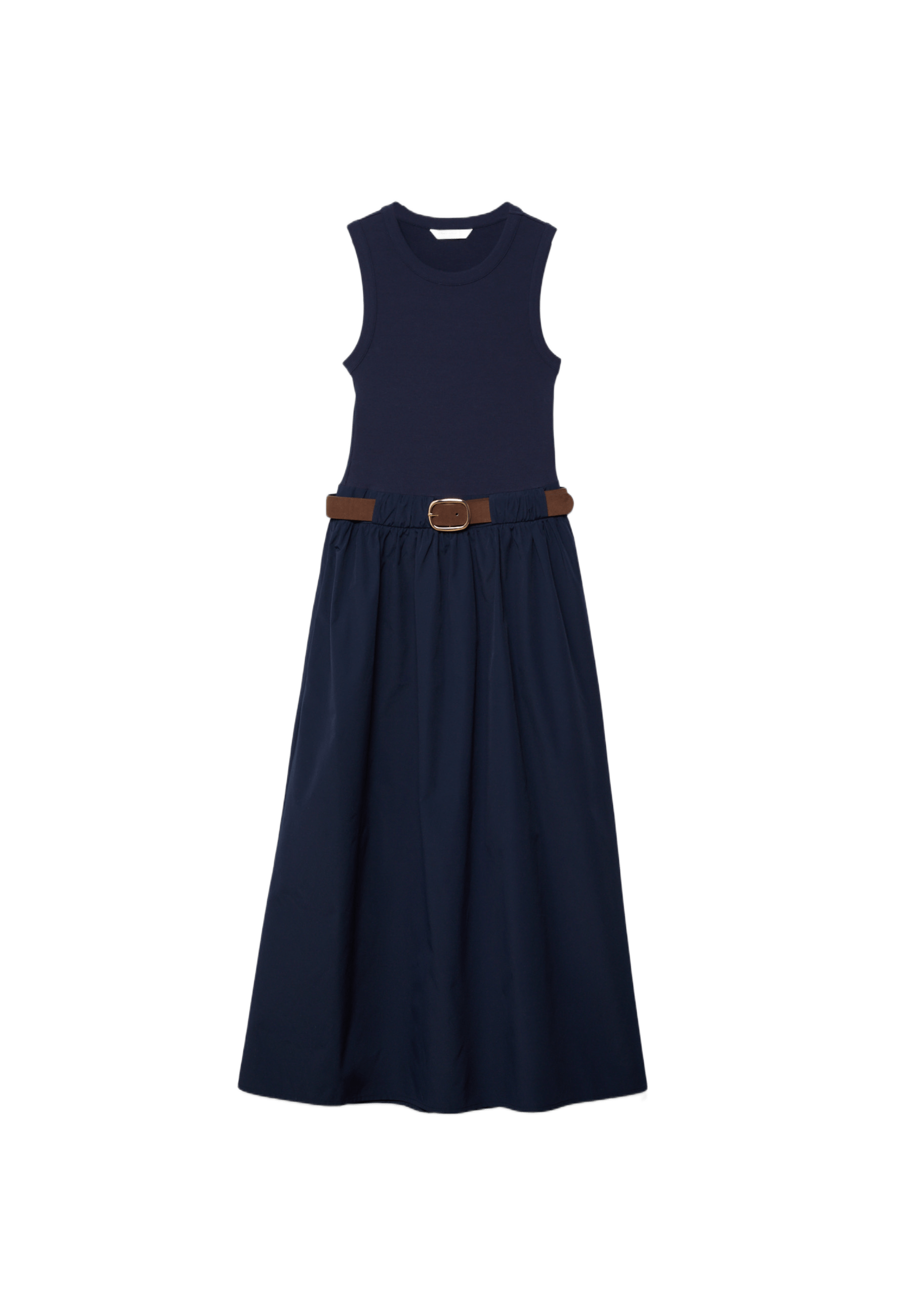 Two-material sleeveless midi dress with belt — Dark blue