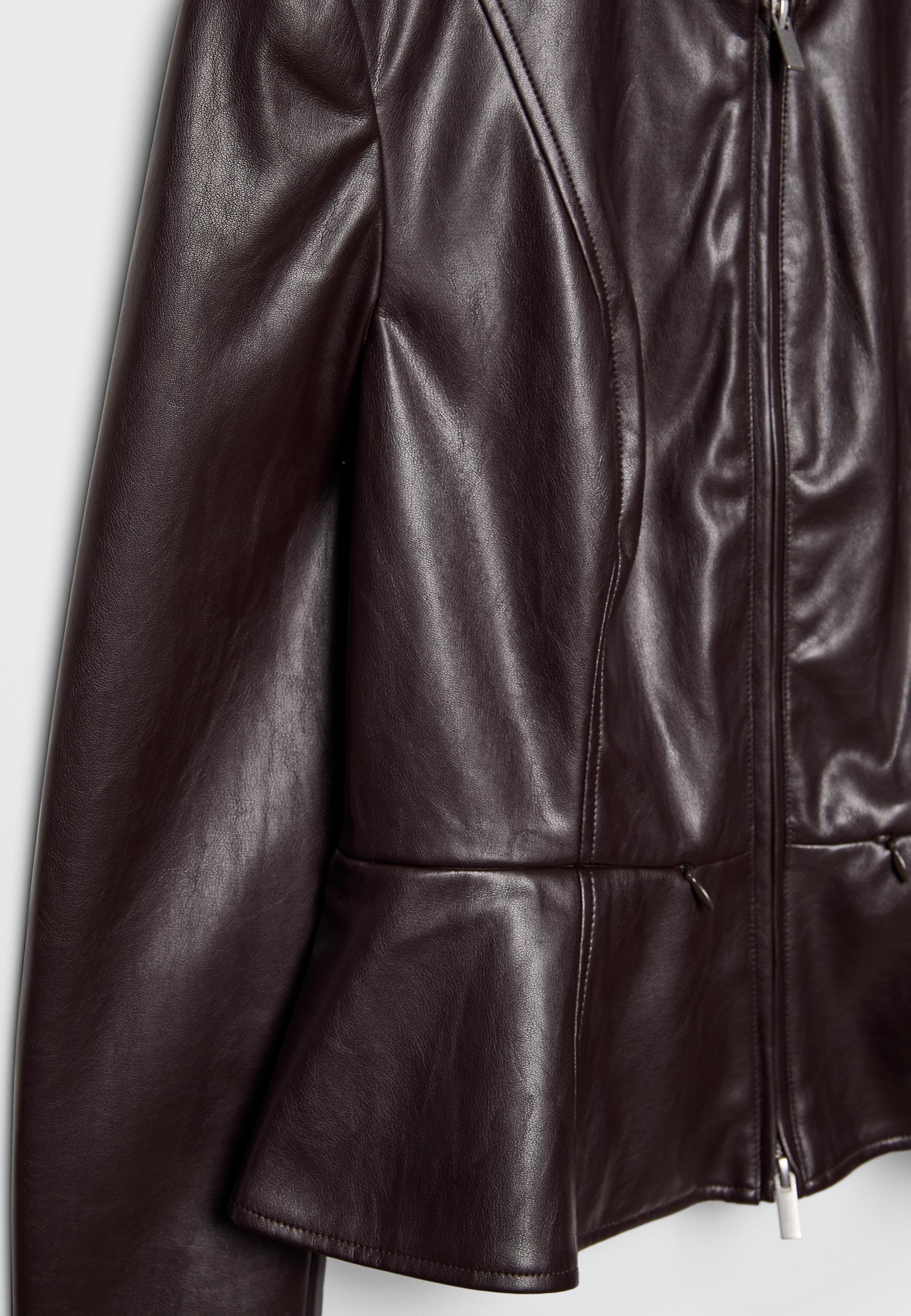 Collarless leather effect peplum blazer — Brown