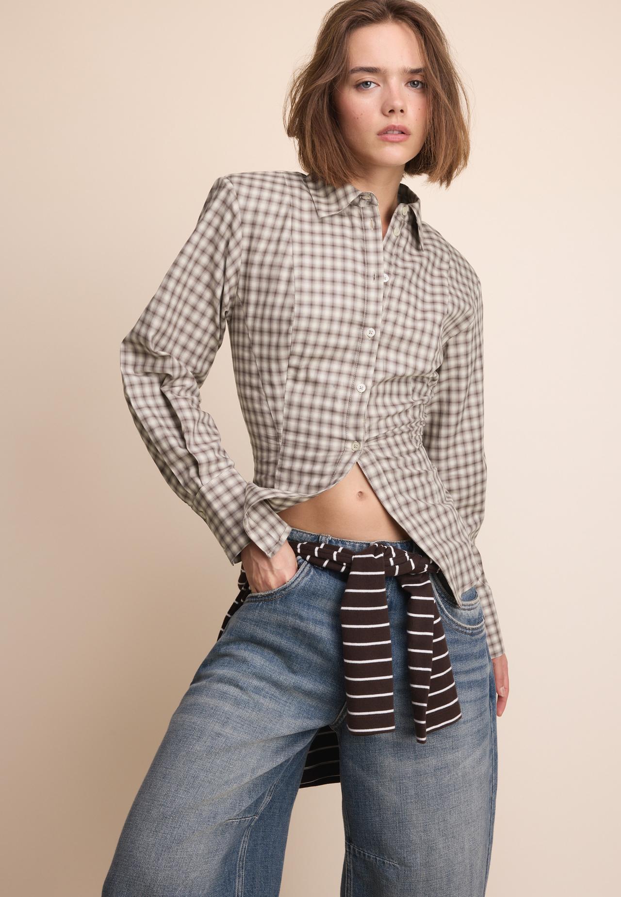 Check shirt with padded shoulders — Beige