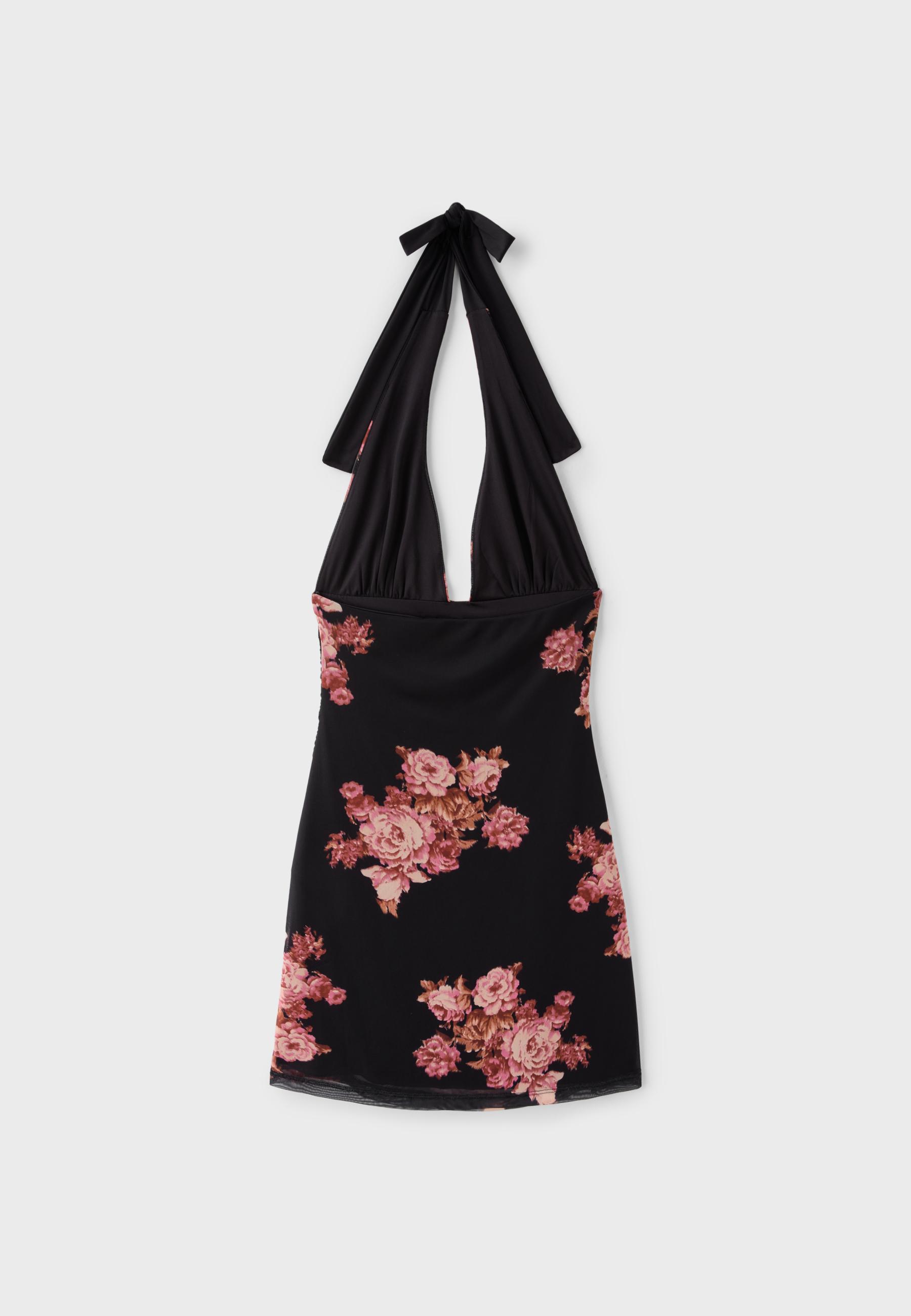 Floral print fitted tulle short dress — Black
