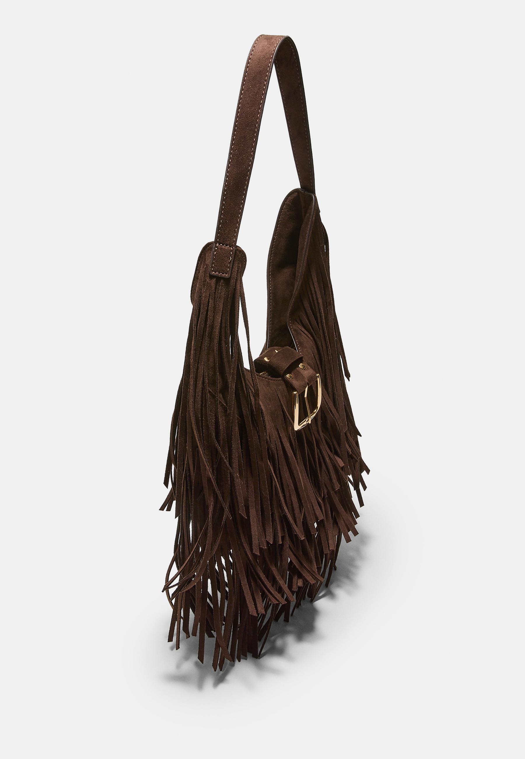 Shoulder bag with fringe and buckle detail — Brown