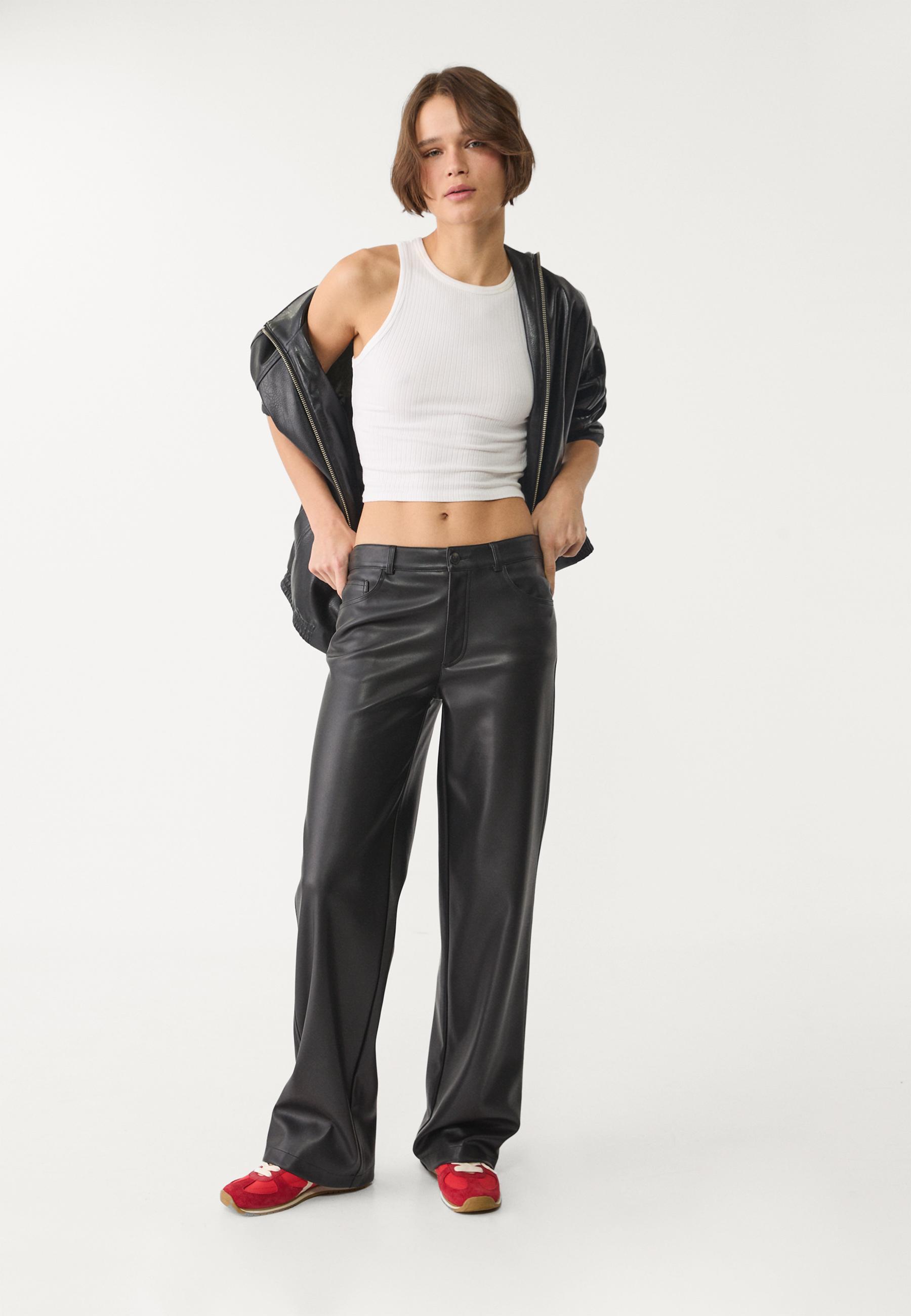 Stradivarius Wide Leg Leather Effect Trousers Black 29