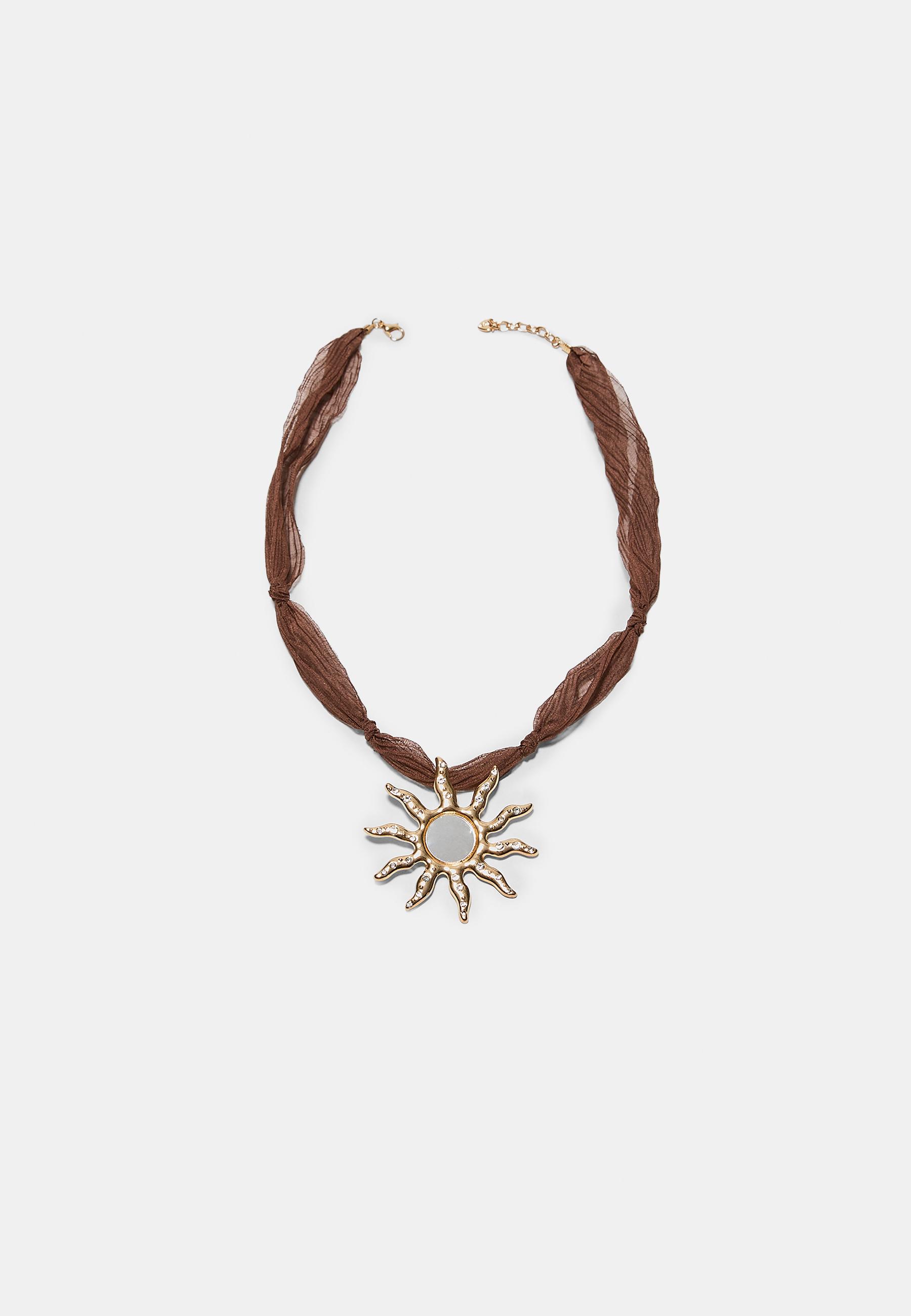 Fabric necklace with mirror-effect sun — Brown