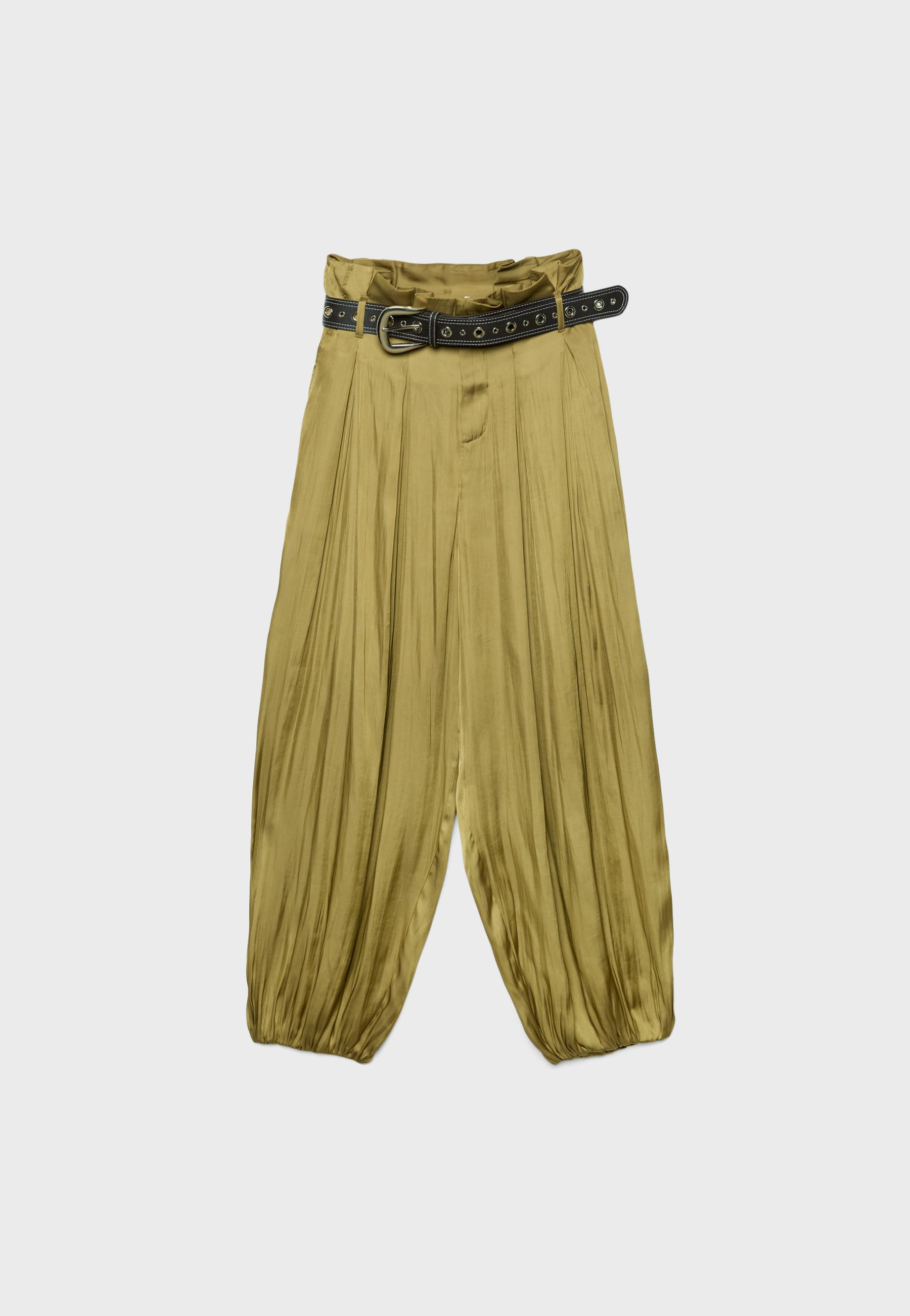 Satin sarouel trousers with belt — Olive green