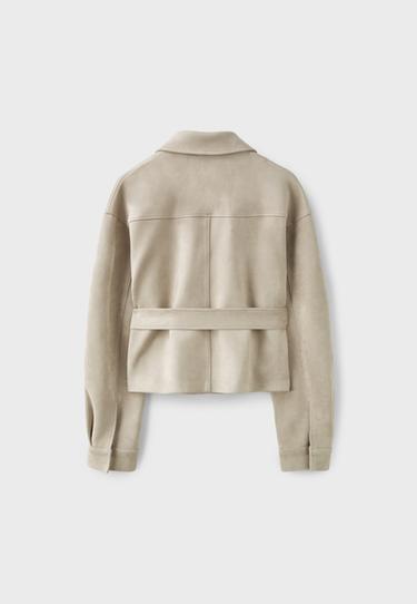 Cropped faux suede jacket — Ecru 8