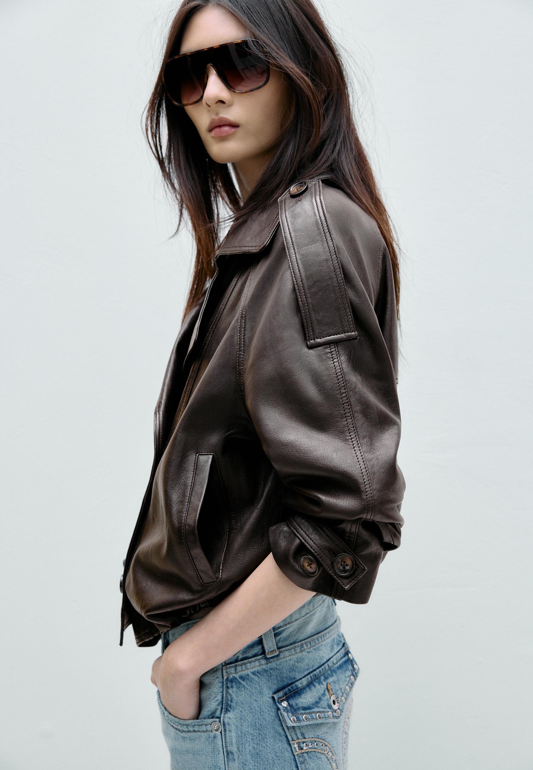 Oversize 100% leather trench coat — Brown