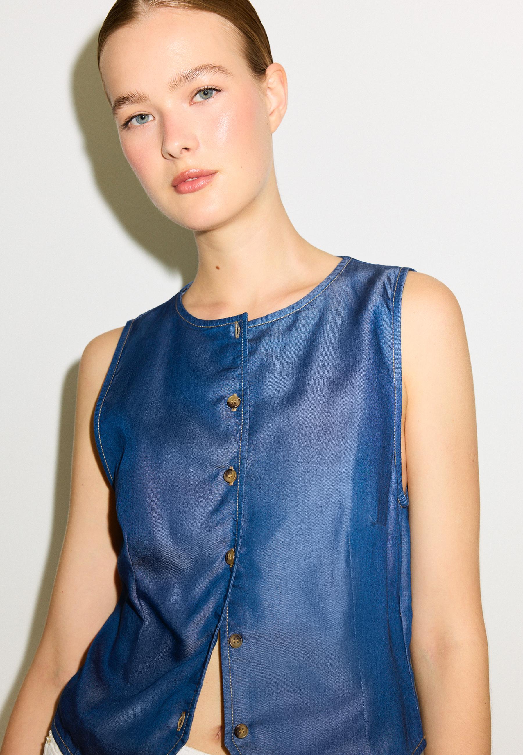 Sleeveless denim button-up top — MEDIUM BLUE DENIM
