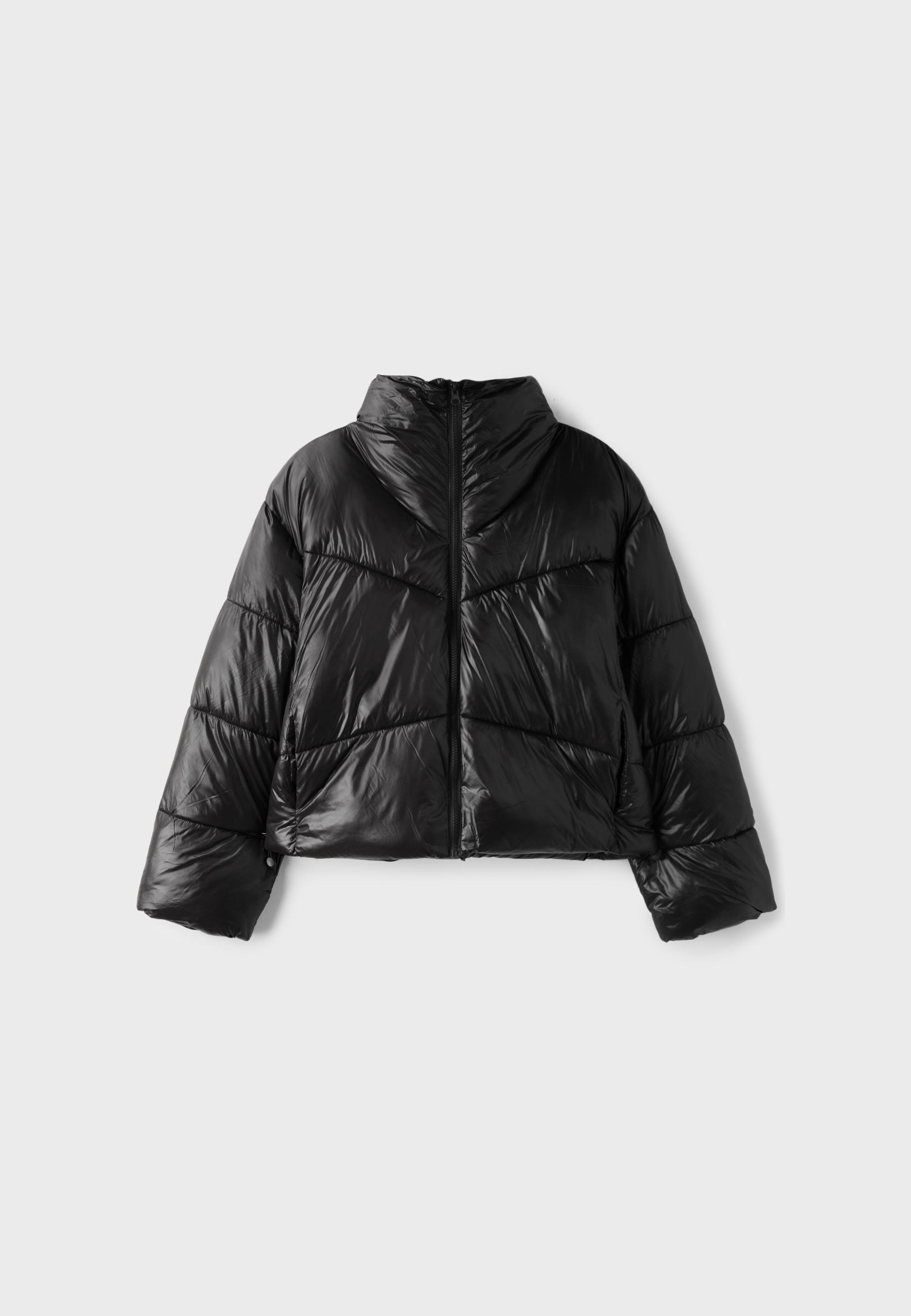 High-neck cropped puffer jacket — Black