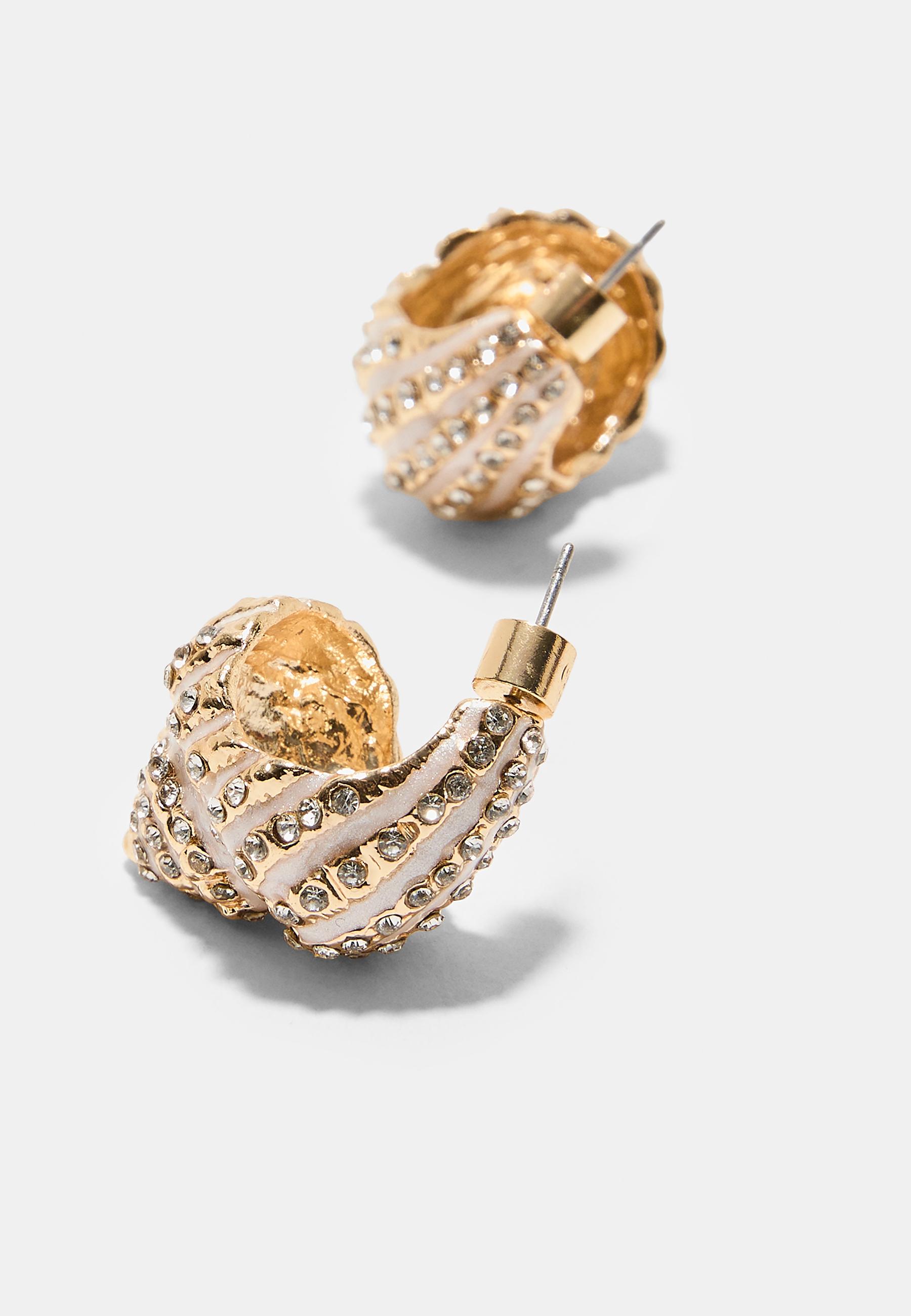 Seashell rhinestone hoop earrings — Ecru