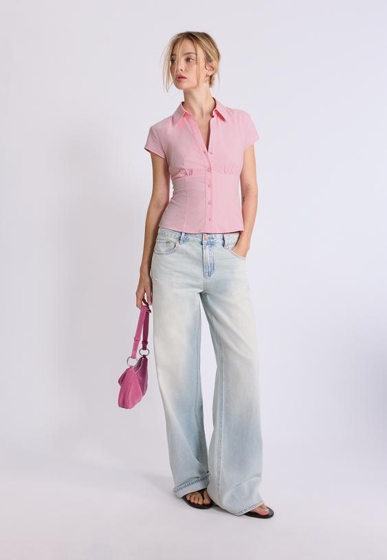 Stradivarius Short Sleeve Shirt With Underbust Seam Pastel Pink L