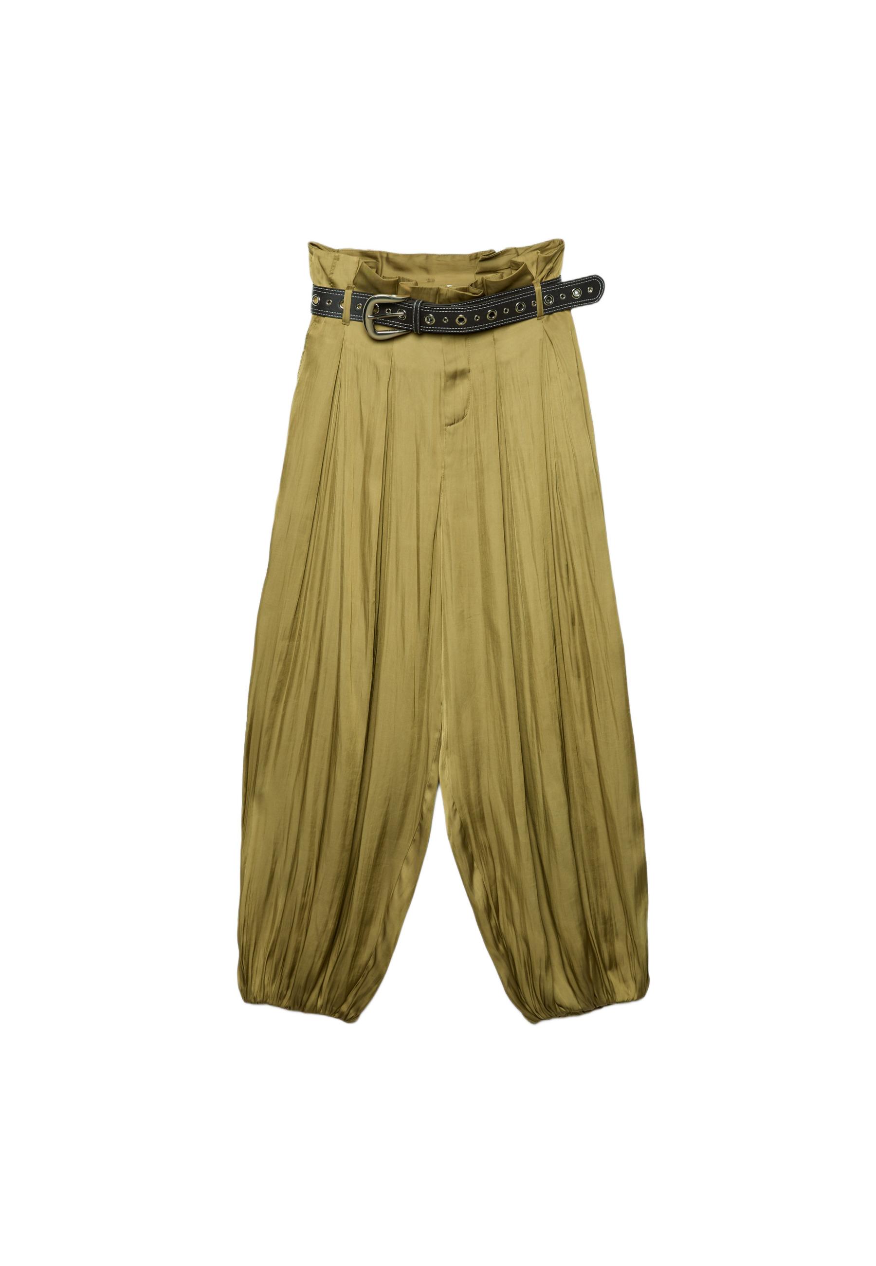 Satin sarouel trousers with belt — Olive green