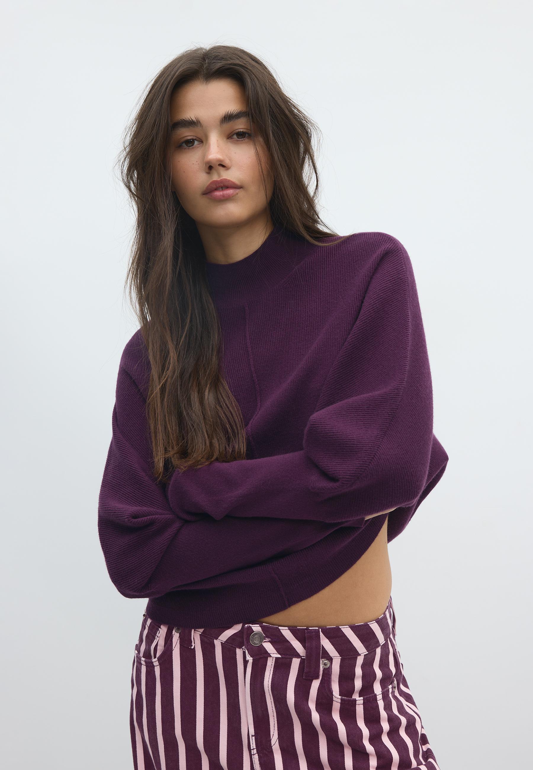 Batwing sleeve mock neck knit sweater — Dark purple
