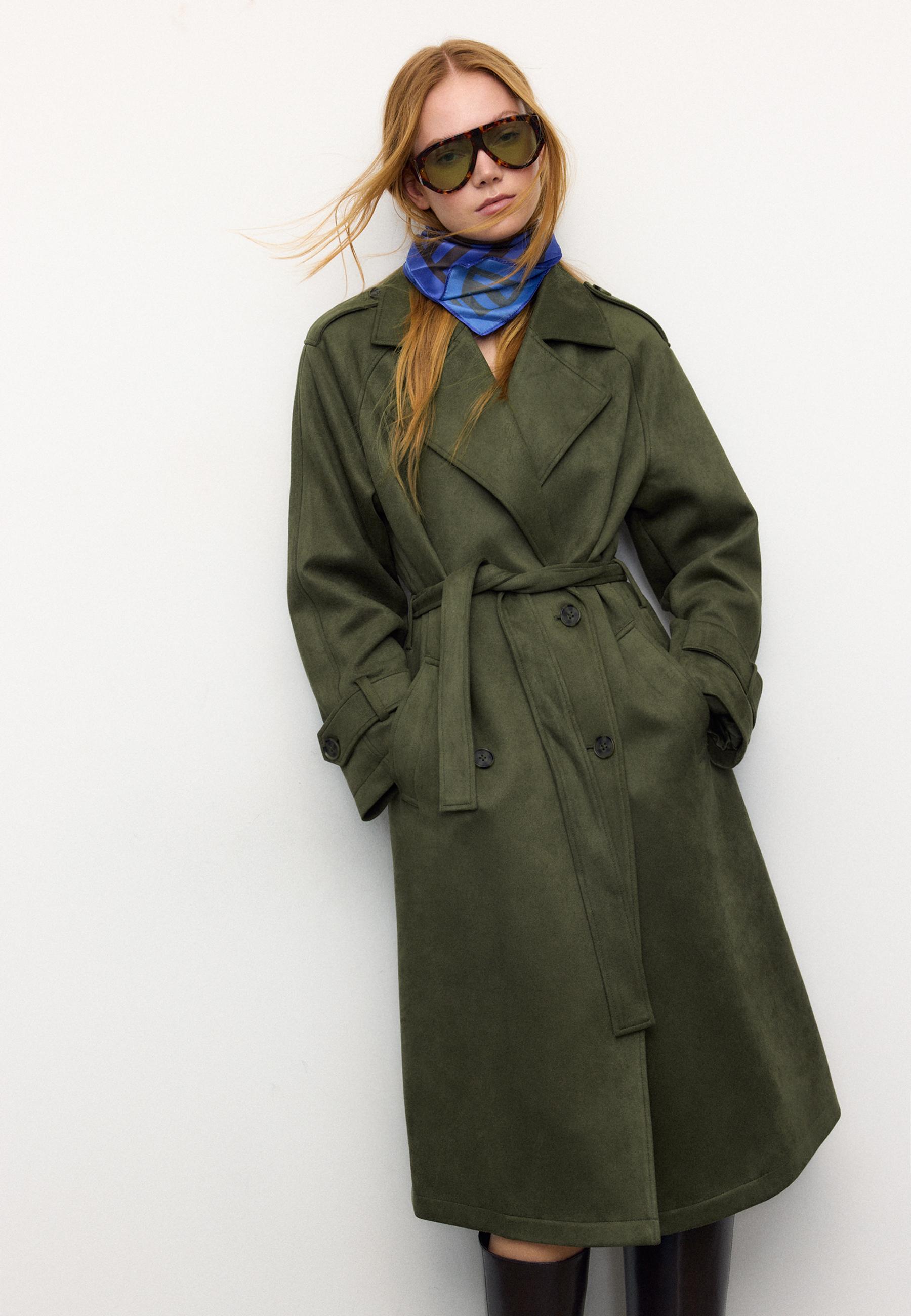 Long faux suede trench coat — Olive green