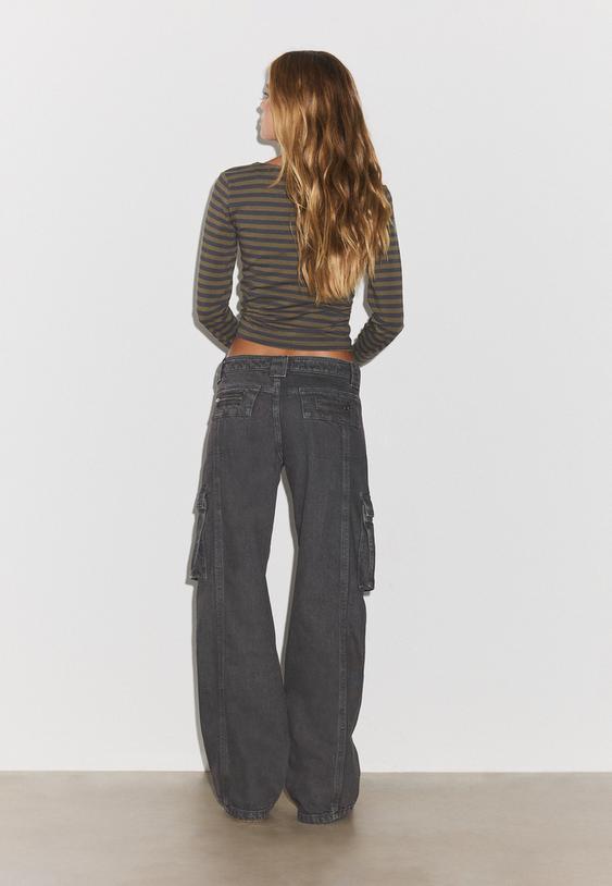 Stradivarius Low-Rise Cargo Trousers Dark Grey 8