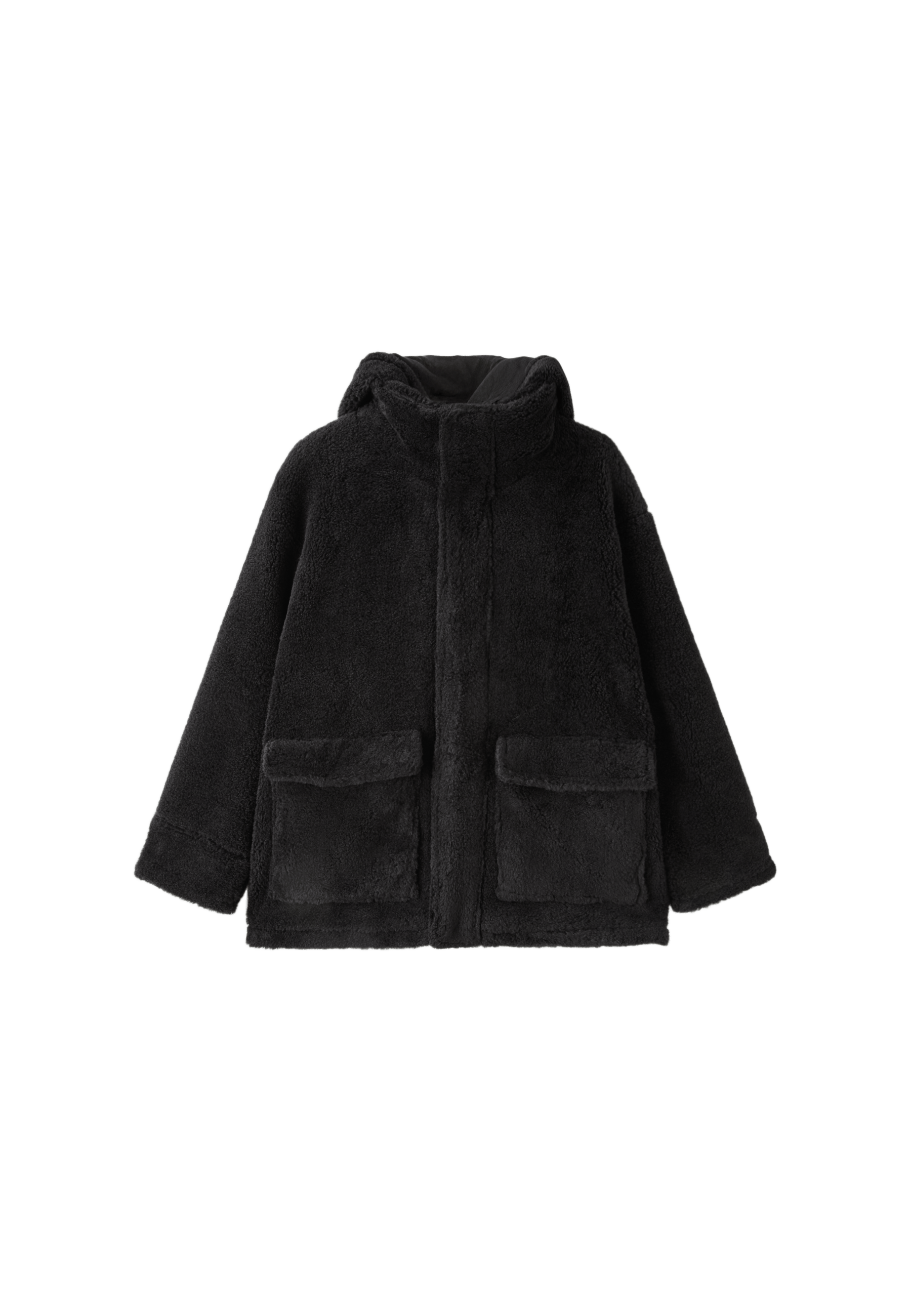 Faux sheepskin-effect hooded coat — Dark grey