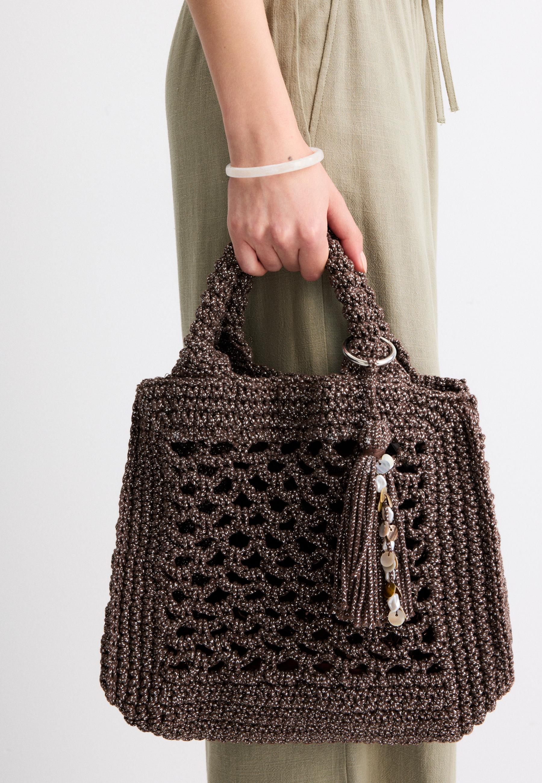 Metallic yarn crochet tote bag — Brown