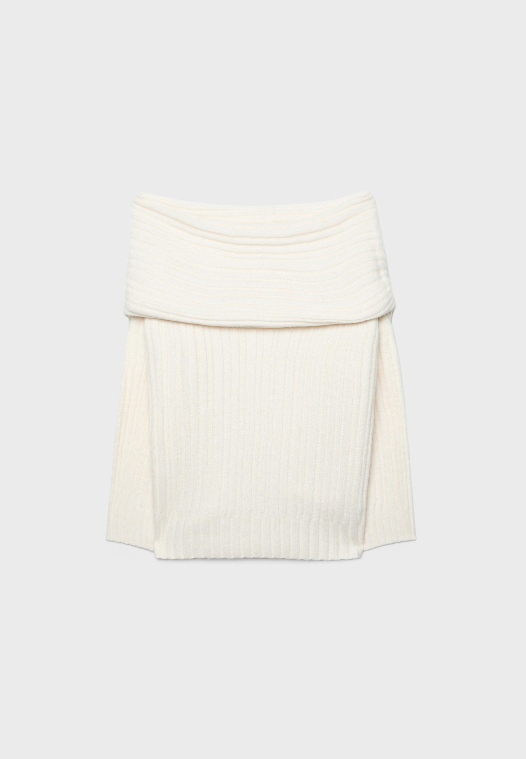 Asymmetric exposed shoulder knit sweater — Ecru