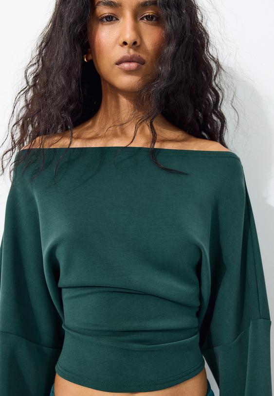Stradivarius Soft-Touch Ruched Asymmetric Sweatshirt Khaki S