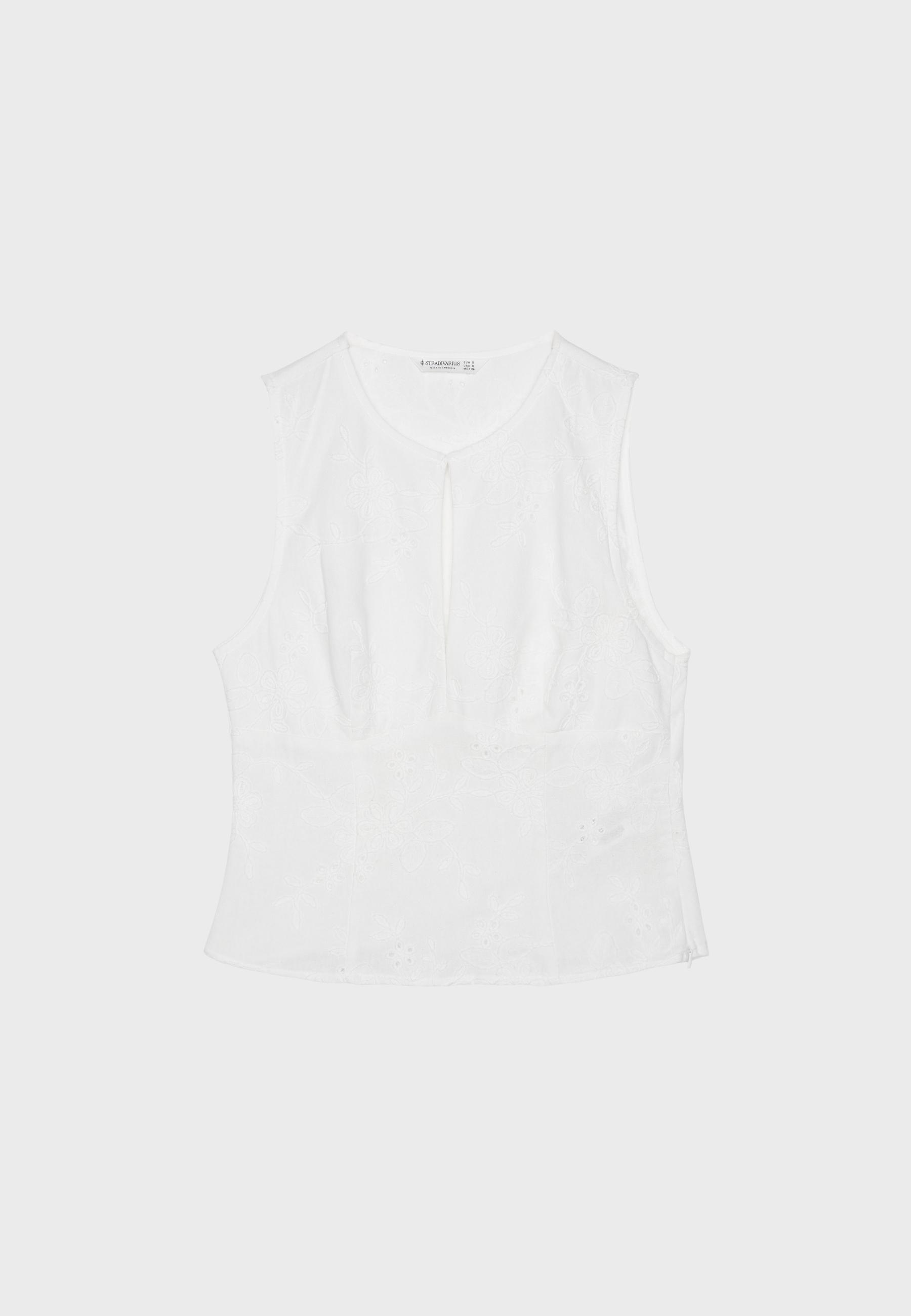 Fitted embroidered sleeveless top — Ecru