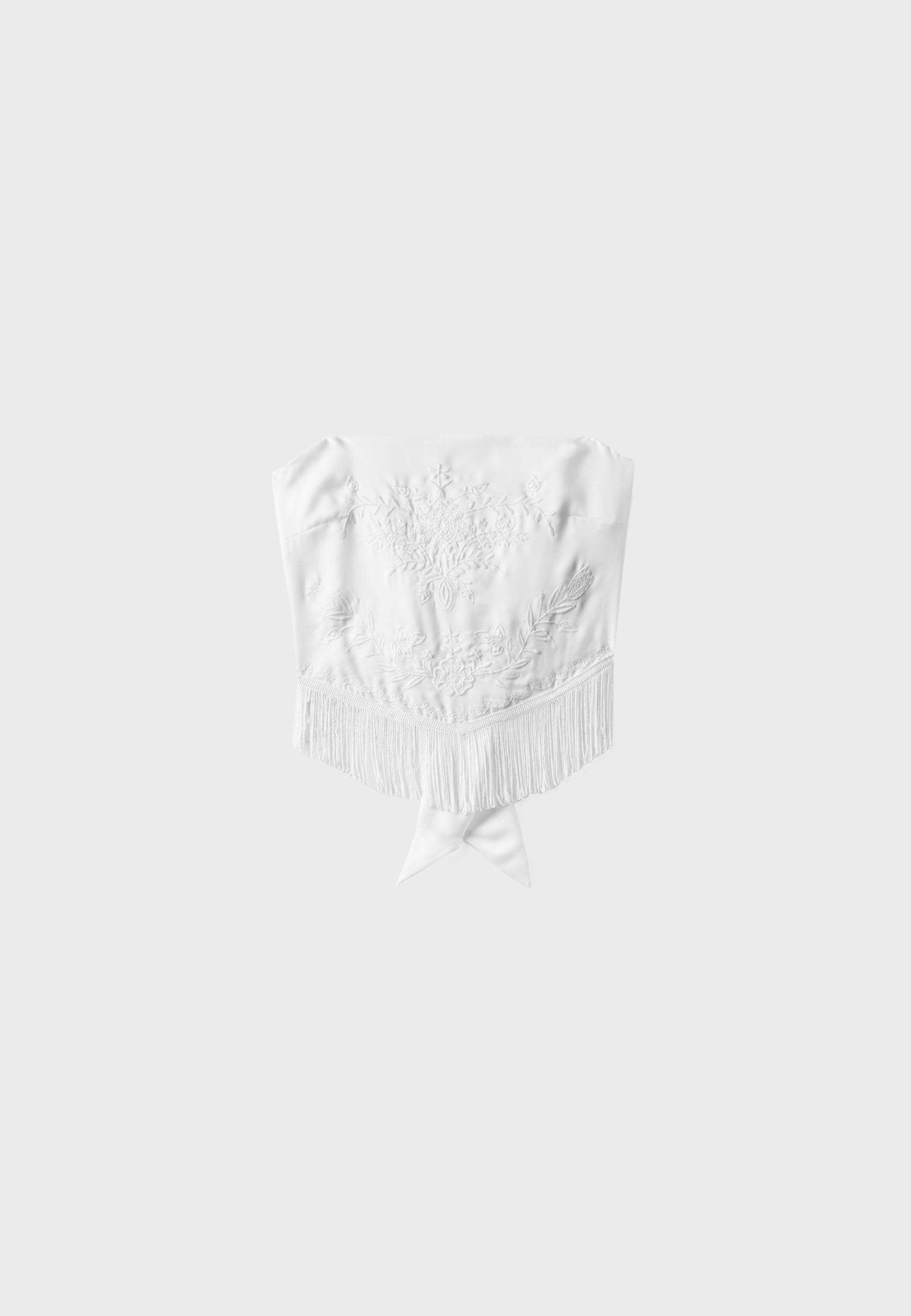 Embroidered fringe bustier top — White