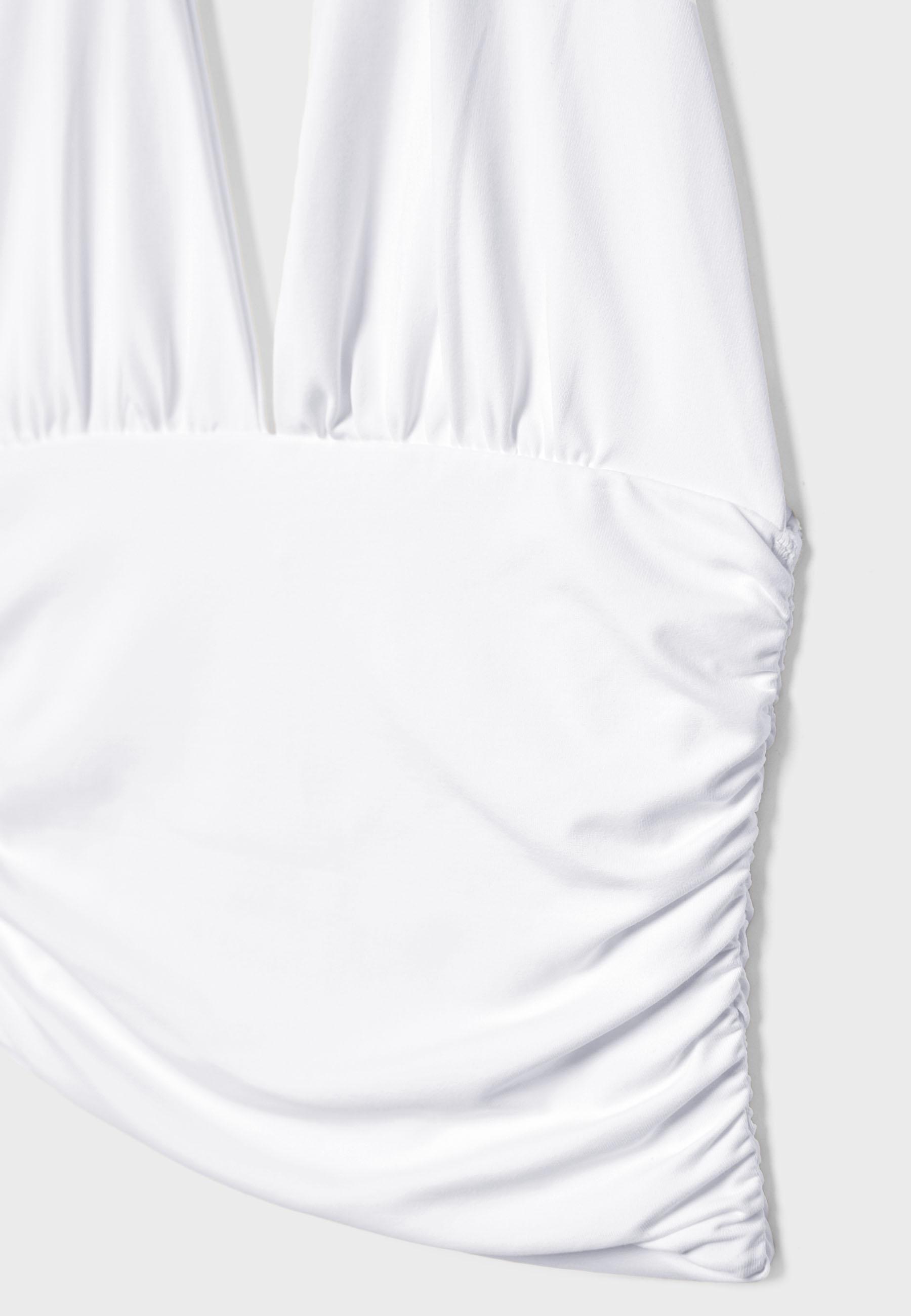Ruched halter top with neck tie — Ecru