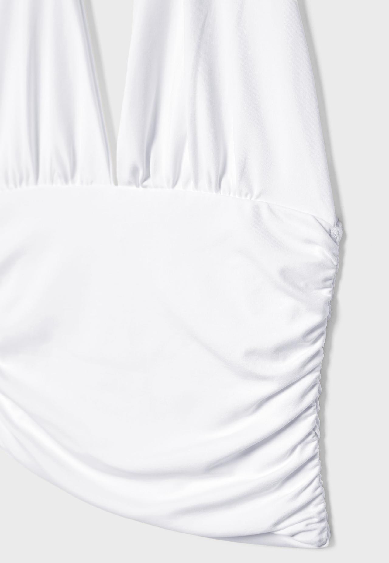 Ruched halter top with neck tie — Ecru