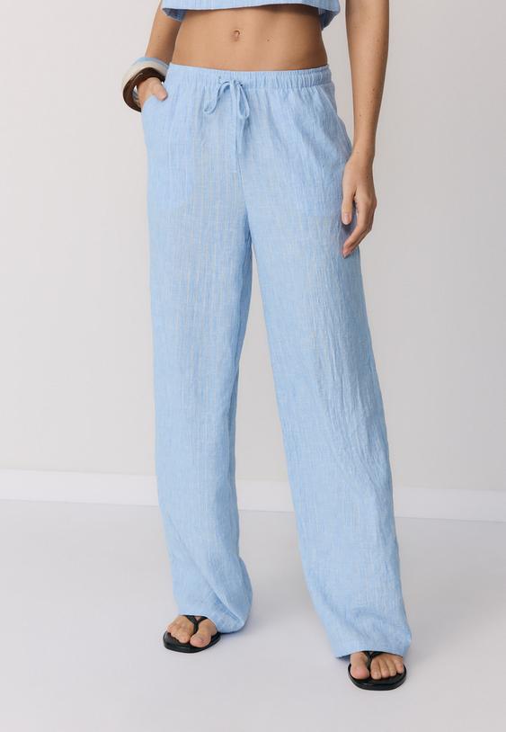 Stradivarius Pantalon Fluide Effet Lin Fil Métallisé Bleu S