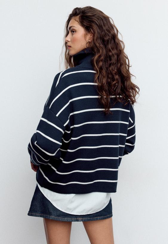 Stradivarius Zip-Up Knitted Jumper Navy Blue M