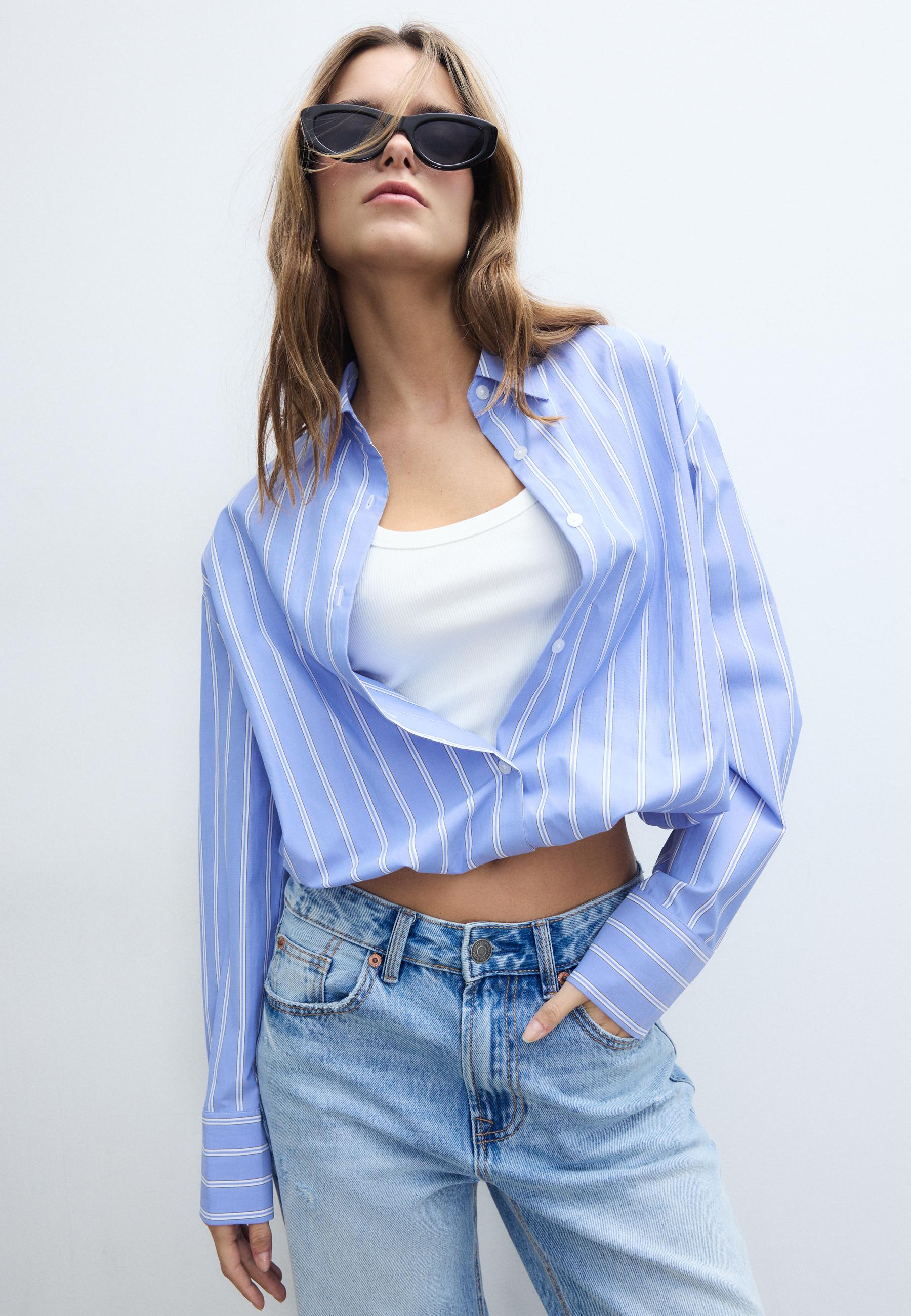 Balloon shirt in two materials — Sky blue