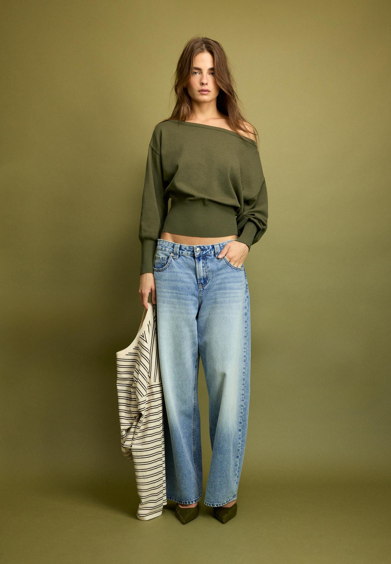 Asymmetric ribbed hem knit jumper — Khaki