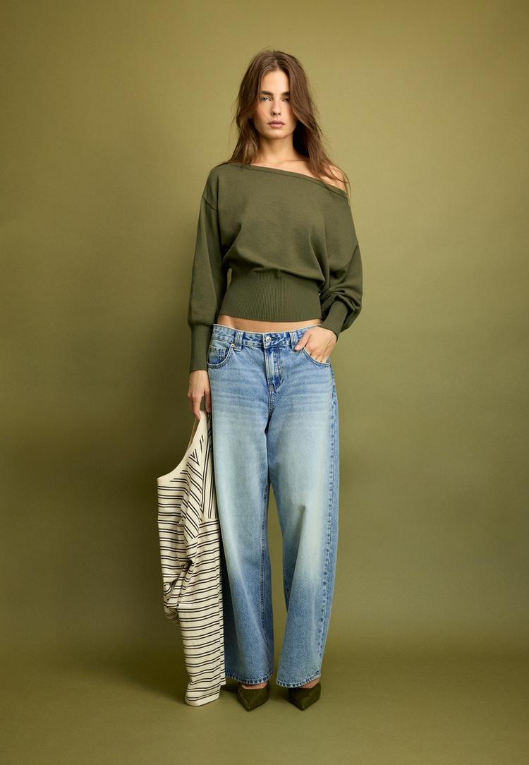 Stradivarius Asymmetrische trui met ribboord  Kaki XS