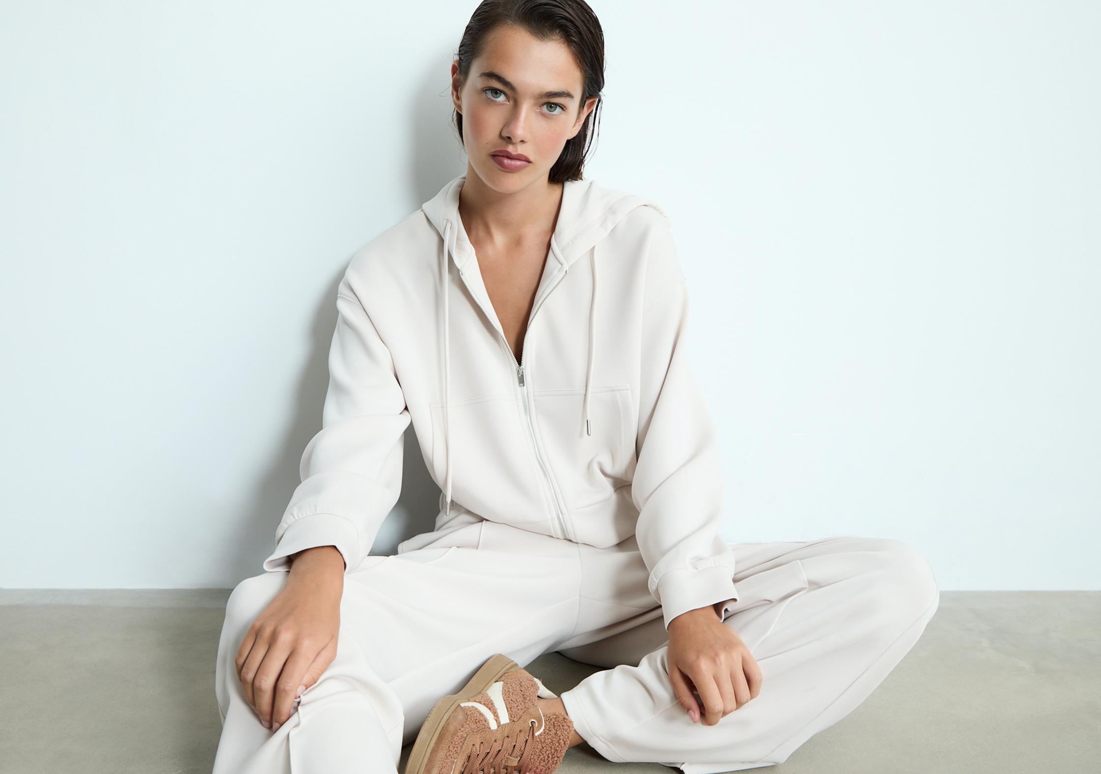 Soft-feel zip-up sweatshirt — Stone
