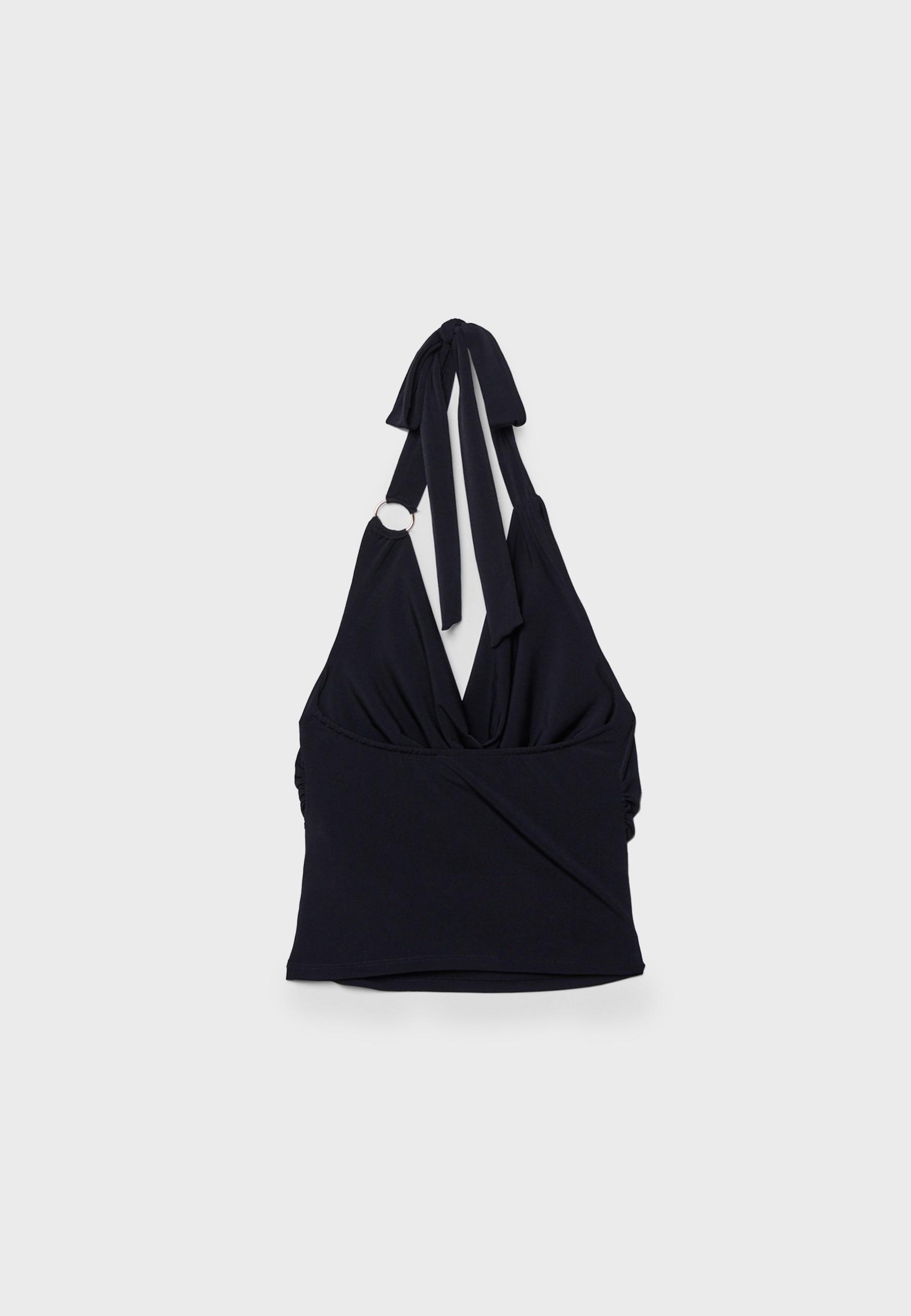 Draped Neckline Ring Top — Black