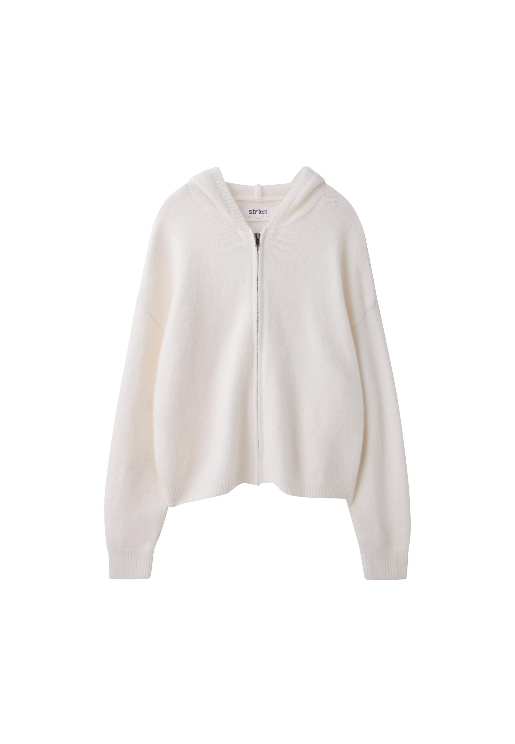 Zipped hooded knit cardigan — Ecru