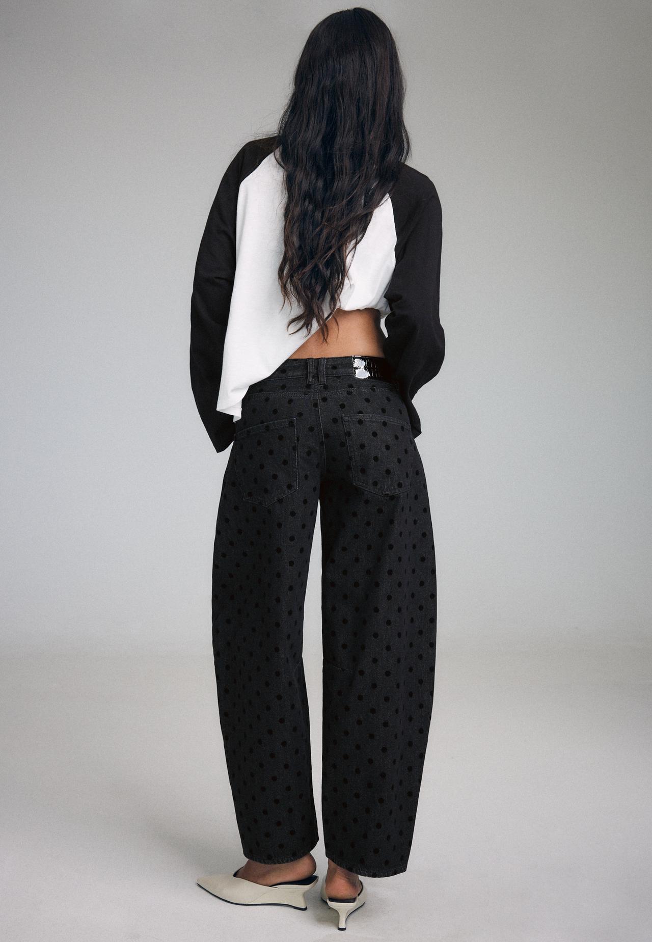 Polka dot flocked barrel jeans — BLACK DENIM WASH