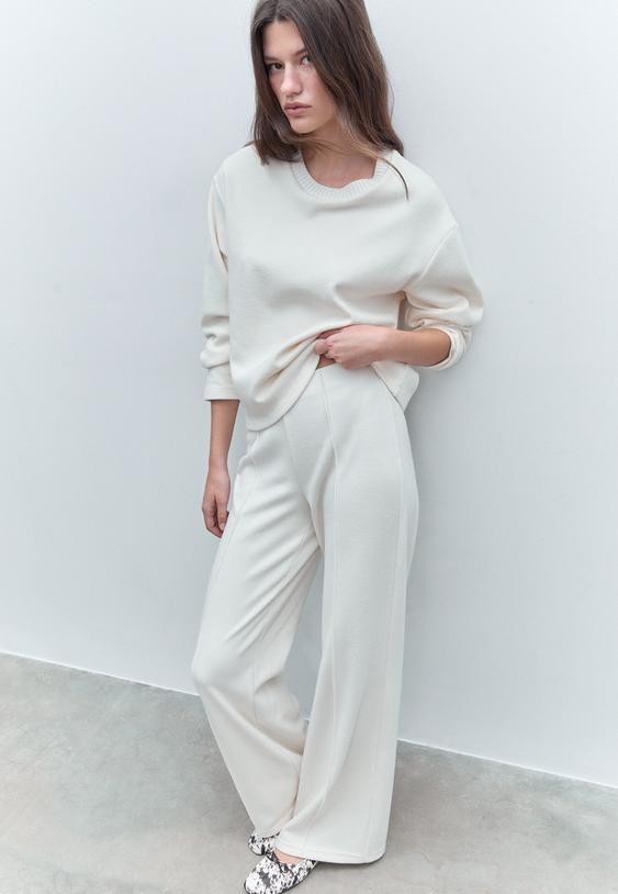 Stradivarius Knit Trousers With Seam Detail Ecru S