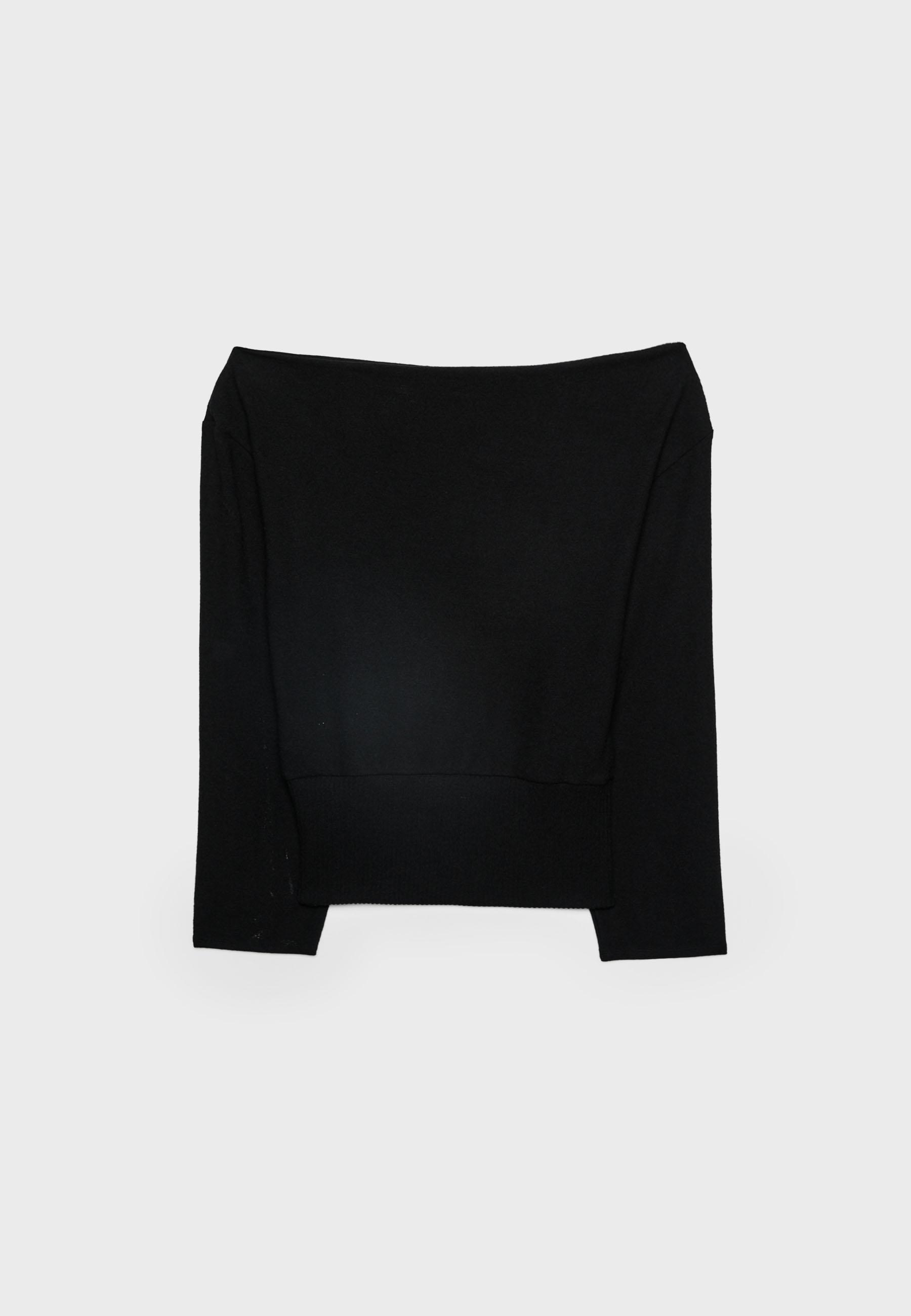 Boat neck knit T-shirt with sash belt — Black