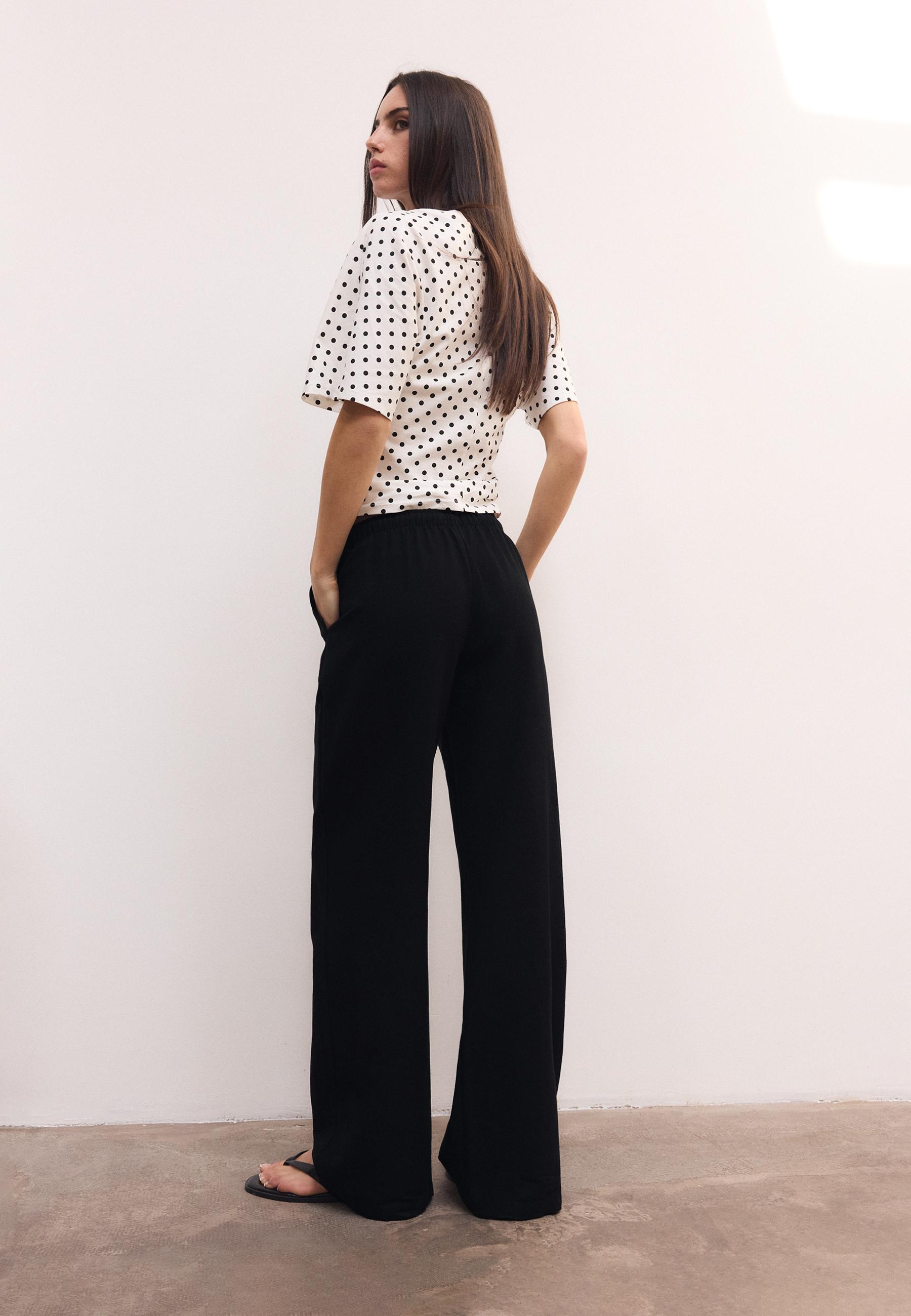 Linen-effect drawstring trousers — Black