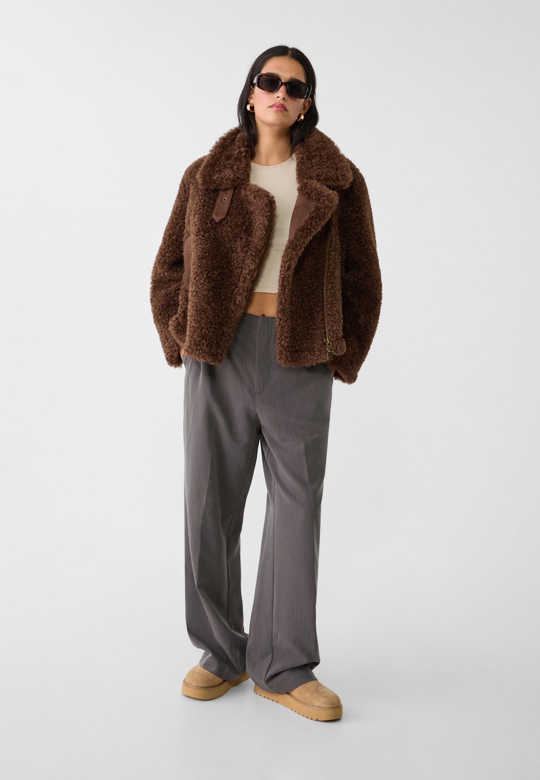 Stradivarius Faux Shearling Lined Faux Fur Jacket Brown L