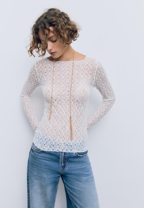 Stradivarius T-Shirt Manches Longues Dentelle Écru M